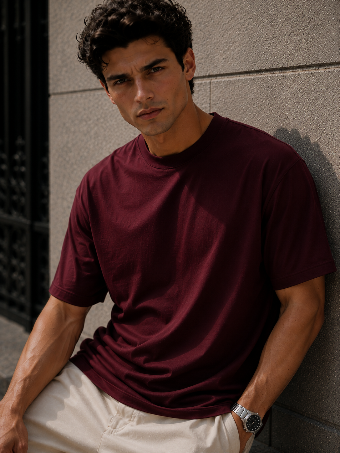 Erkek Bordo Merserize İnterlok Kumaş Oversize T-Shirt