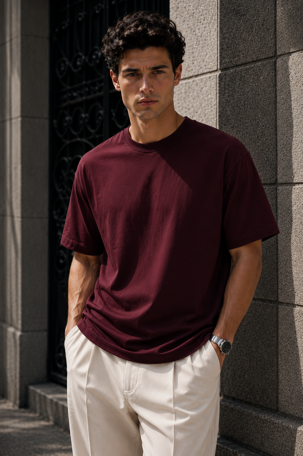 Erkek Bordo Merserize İnterlok Kumaş Oversize T-Shirt
