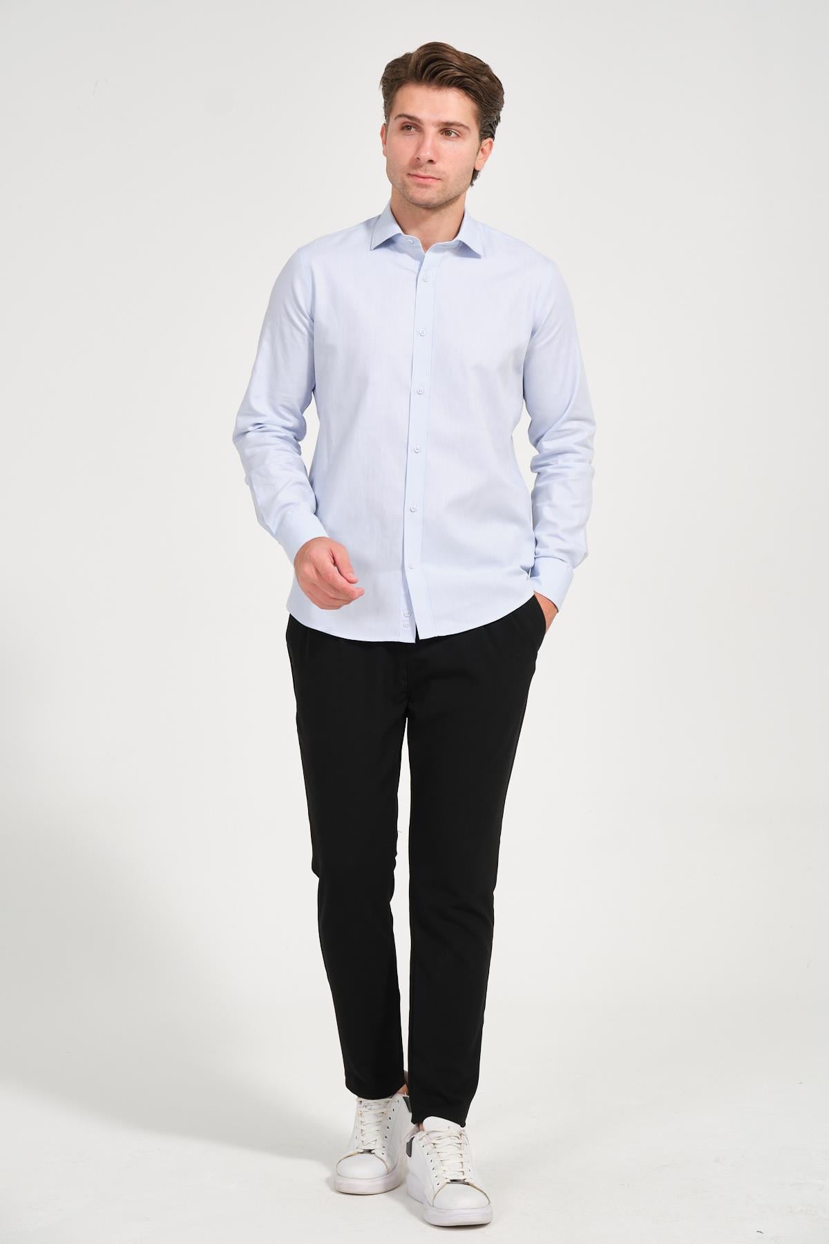 Erkek Buz Mavi Comfort Fit Uzun Kollu Gömlek