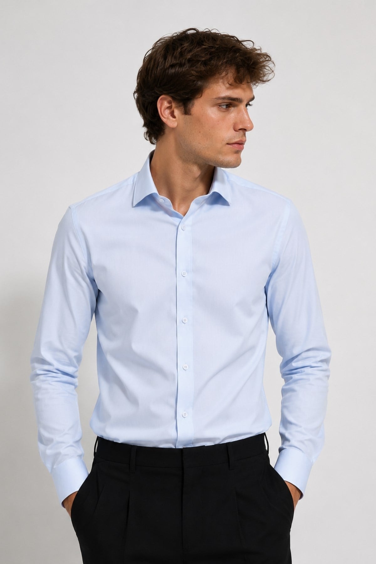 Erkek Buz Mavi Comfort Fit Uzun Kollu Gömlek
