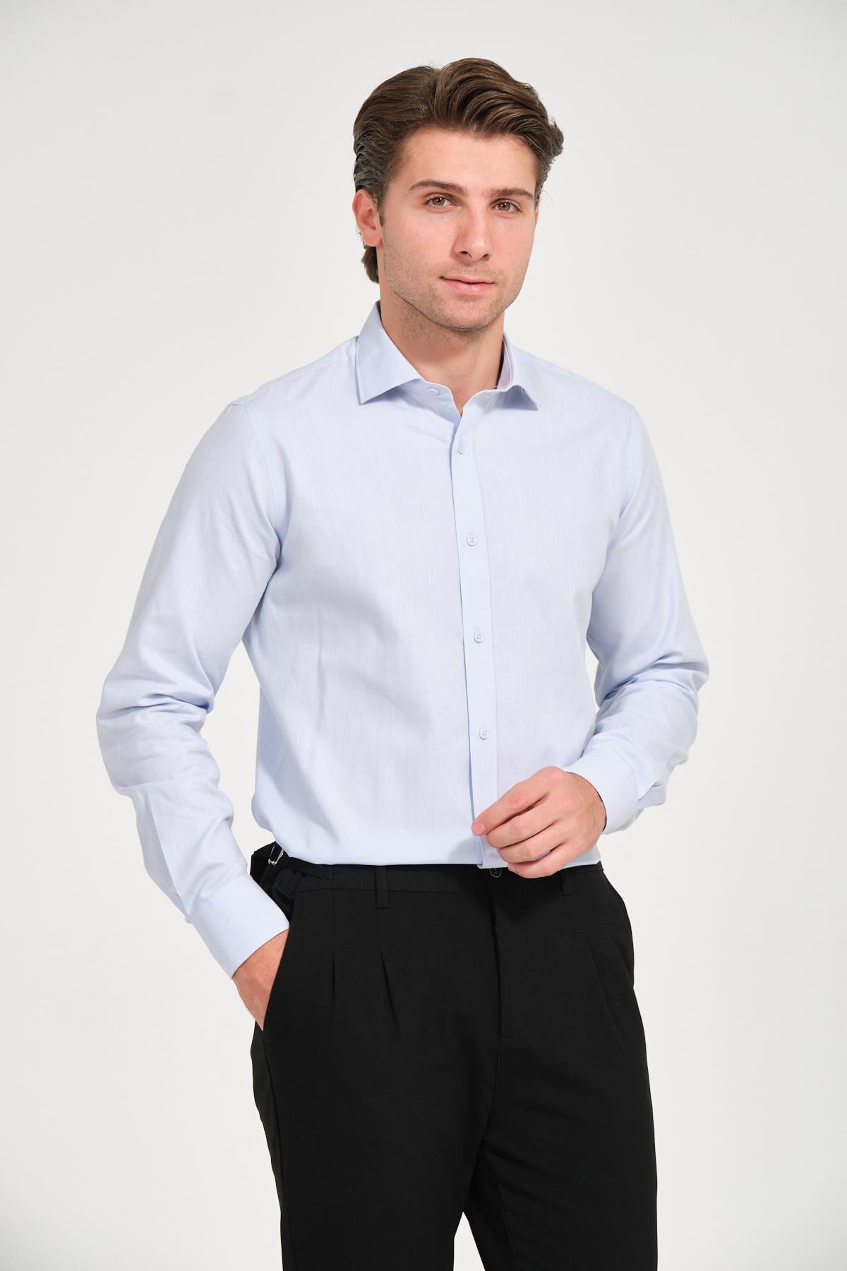 Erkek Buz Mavi Comfort Fit Uzun Kollu Gömlek