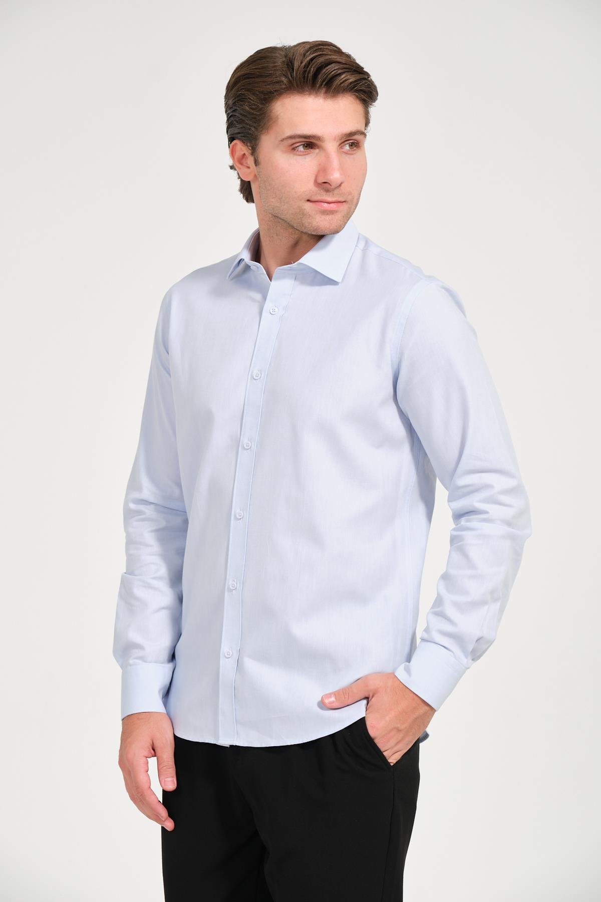 Erkek Buz Mavi Comfort Fit Uzun Kollu Gömlek