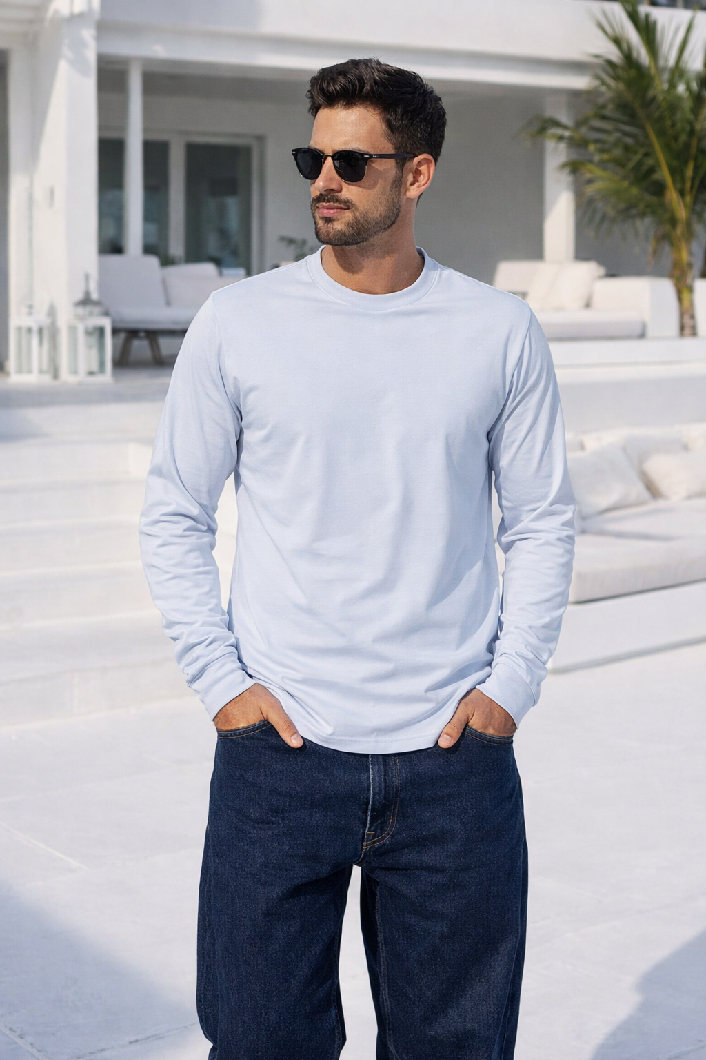 Erkek Buz Mavisi Basic Uzun Kollu Tişört Sporcu Body T-shirt