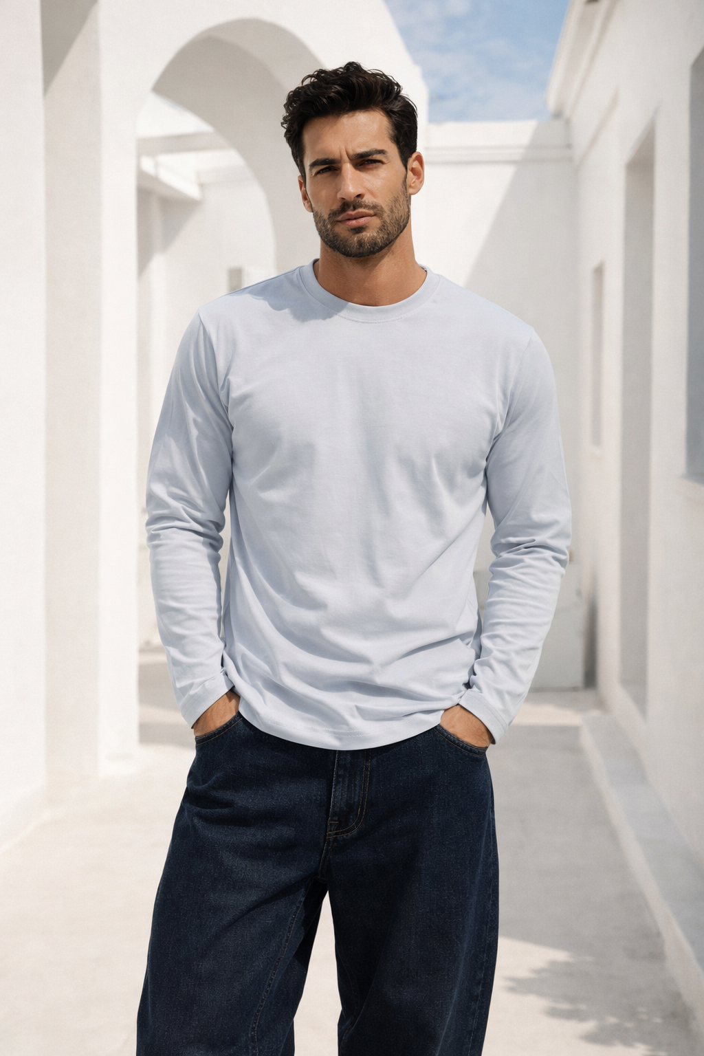 Erkek Buz Mavisi Basic Uzun Kollu Tişört Sporcu Body T-shirt