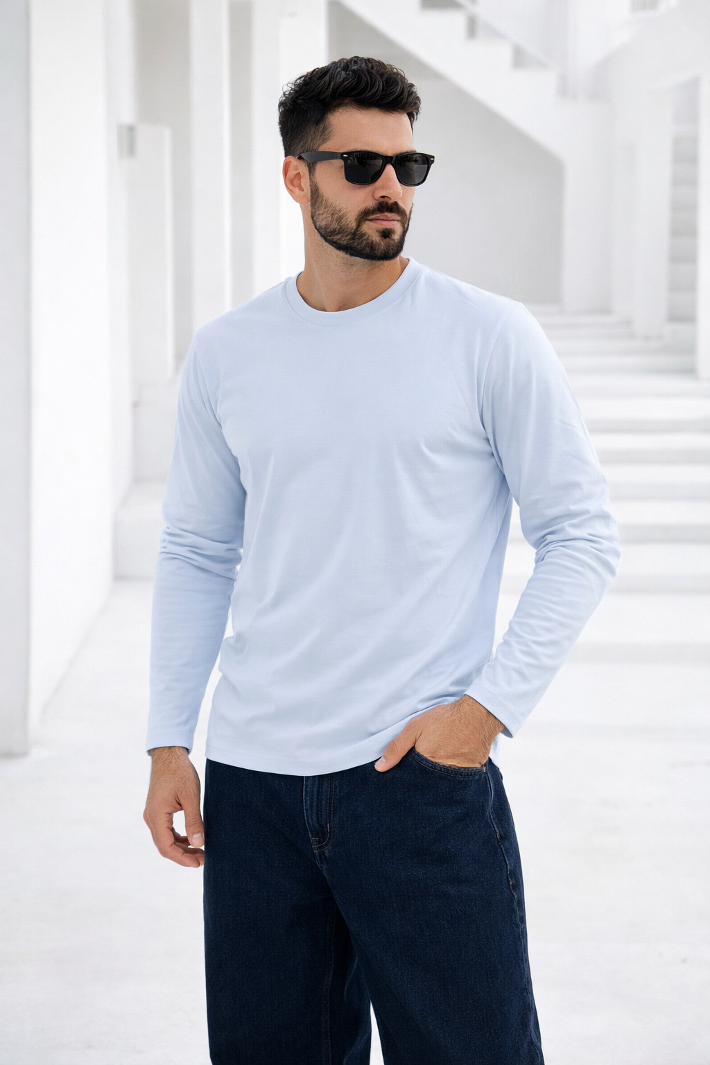 Erkek Buz Mavisi Basic Uzun Kollu Tişört Sporcu Body T-shirt