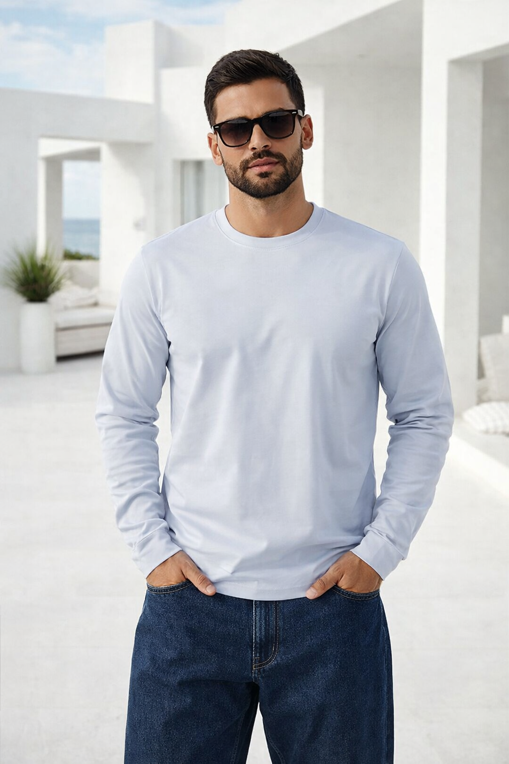 Erkek Buz Mavisi Basic Uzun Kollu Tişört Sporcu Body T-shirt