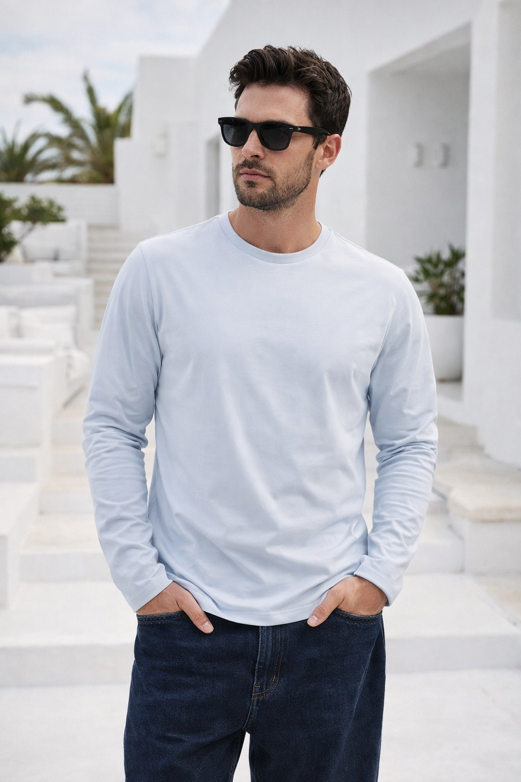 Erkek Buz Mavisi Basic Uzun Kollu Tişört Sporcu Body T-shirt