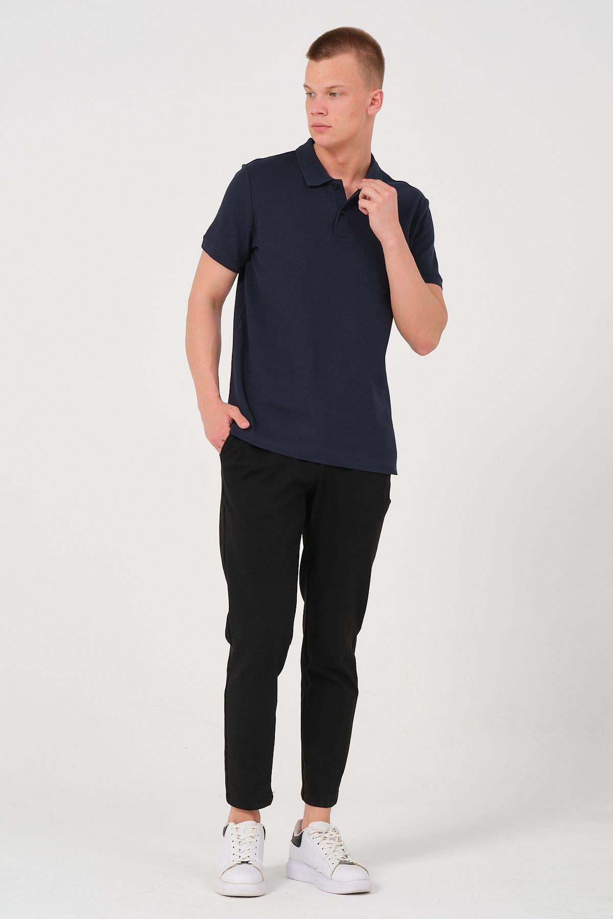 Erkek Düz Renk Cepli Polo Yaka Tişört T-shirt
