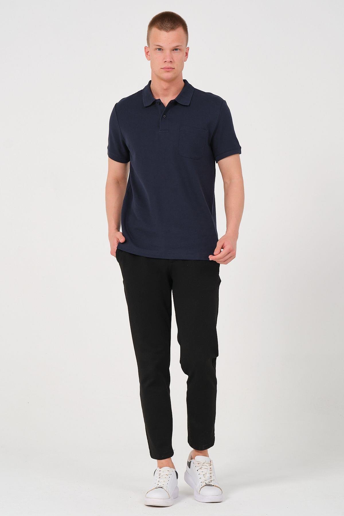 Erkek Düz Renk Cepli Polo Yaka Tişört T-shirt