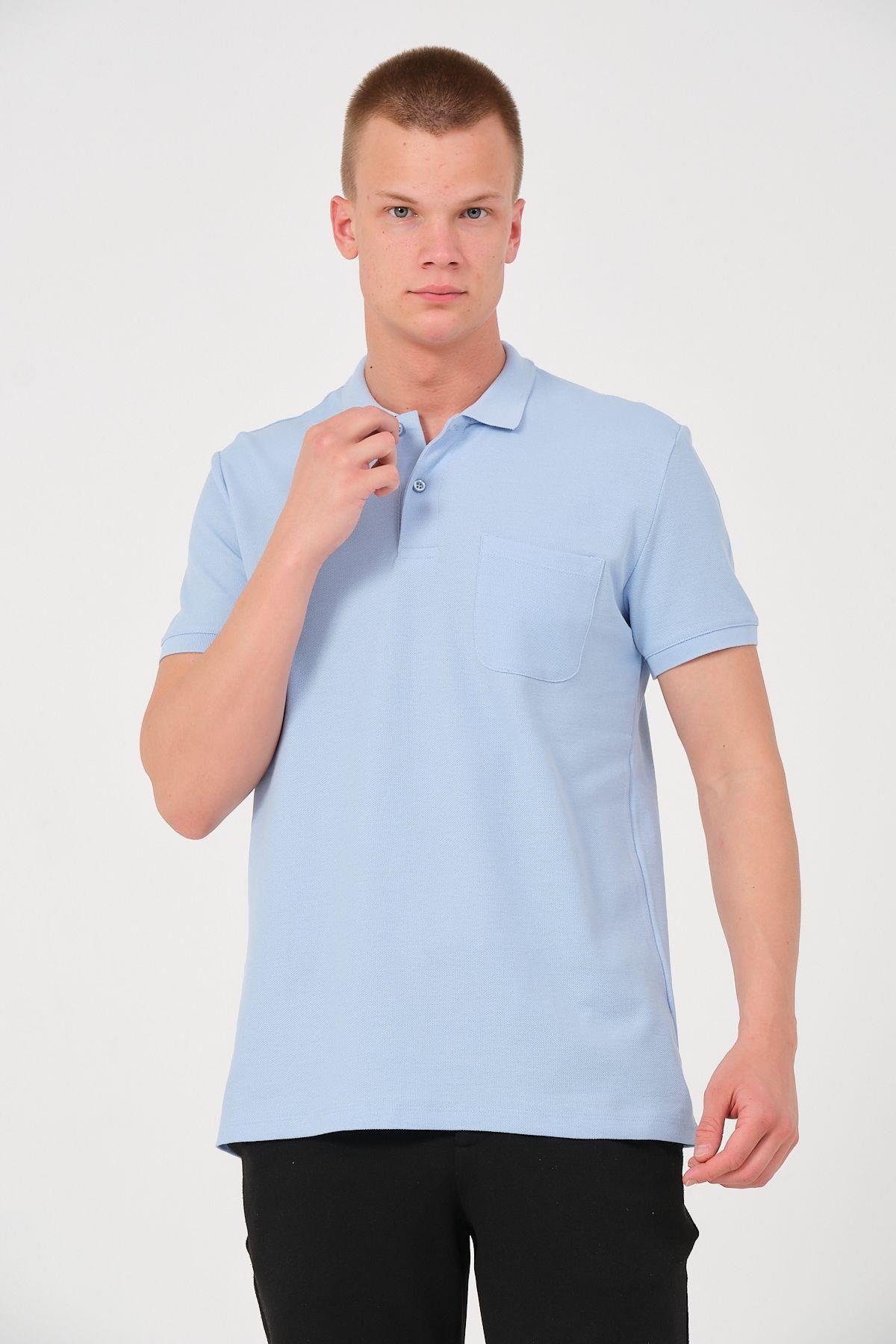 Erkek Düz Renk Cepli Polo Yaka Tişört T-shirt