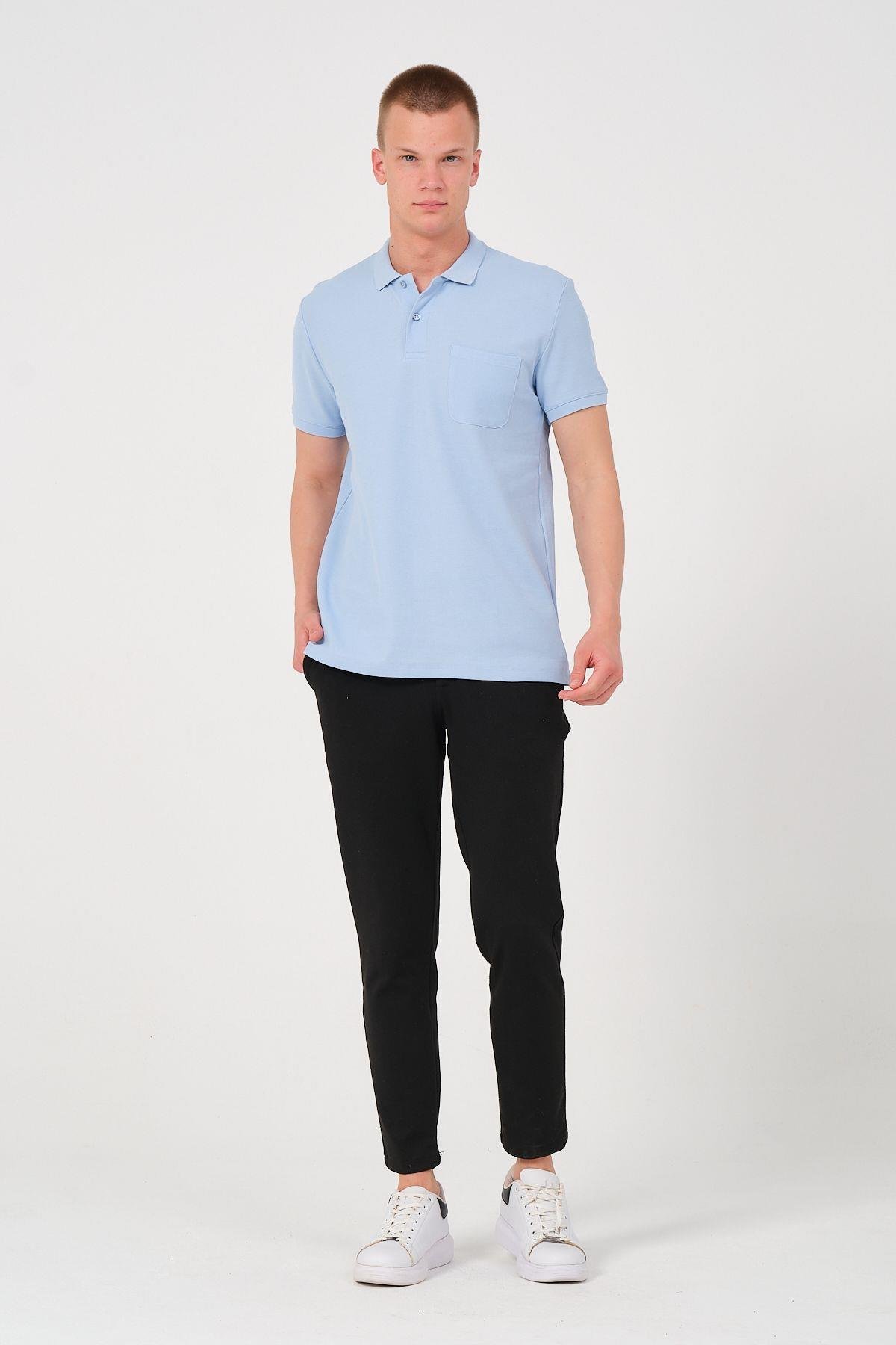 Erkek Düz Renk Cepli Polo Yaka Tişört T-shirt