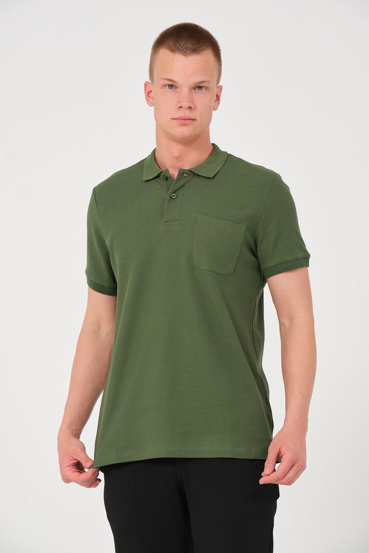 Erkek Düz Renk Cepli Polo Yaka Tişört T-shirt