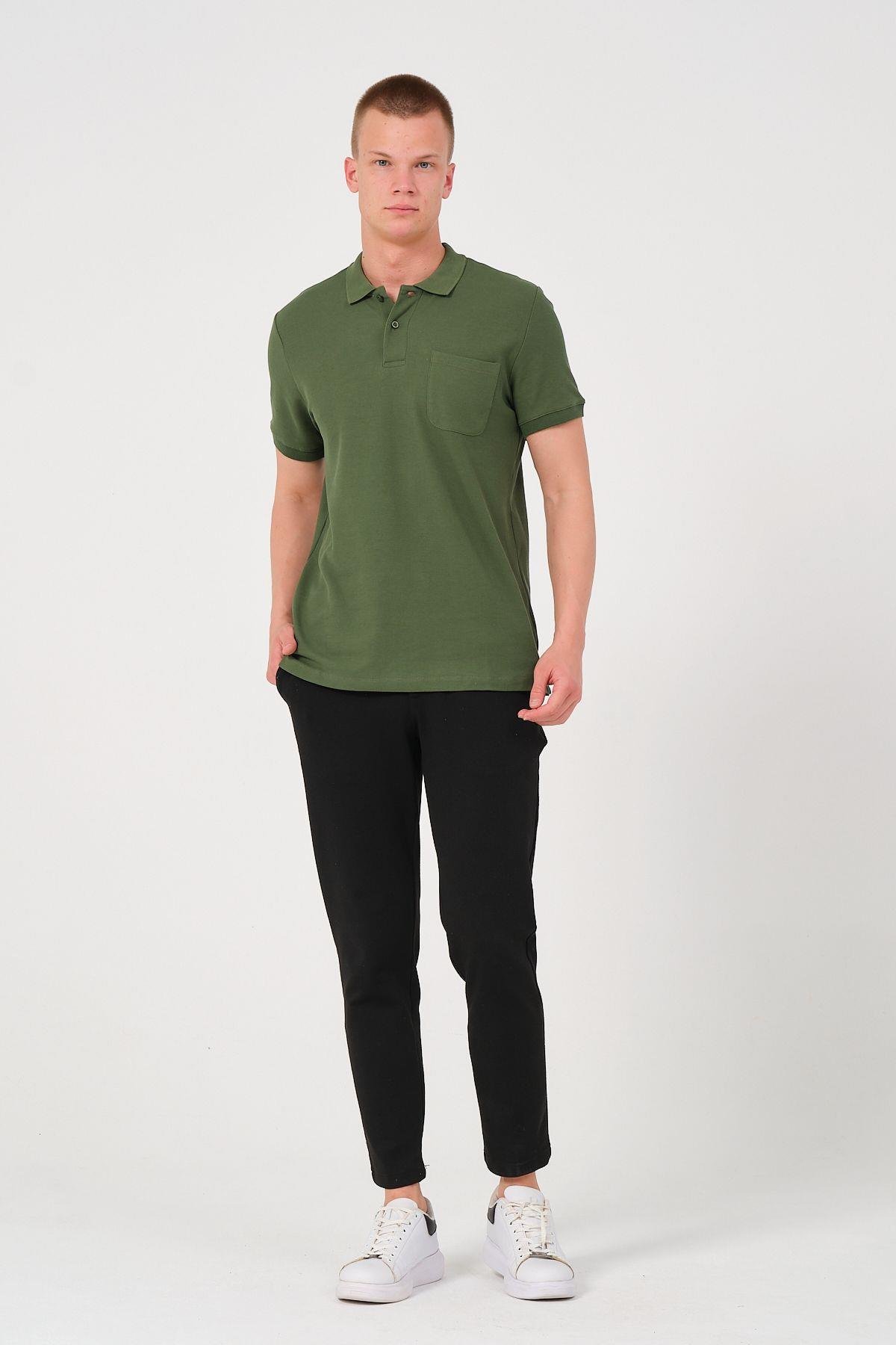 Erkek Düz Renk Cepli Polo Yaka Tişört T-shirt