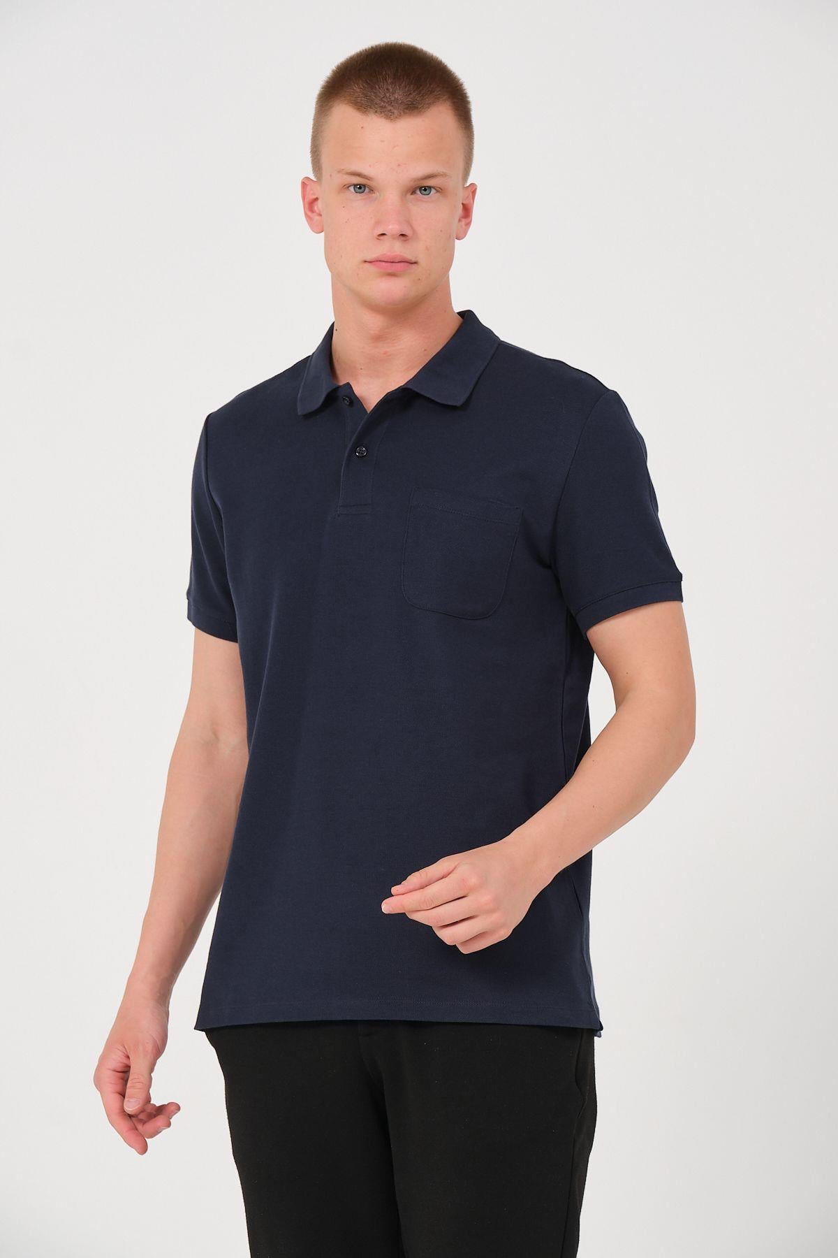 Erkek Düz Renk Cepli Polo Yaka Tişört T-shirt