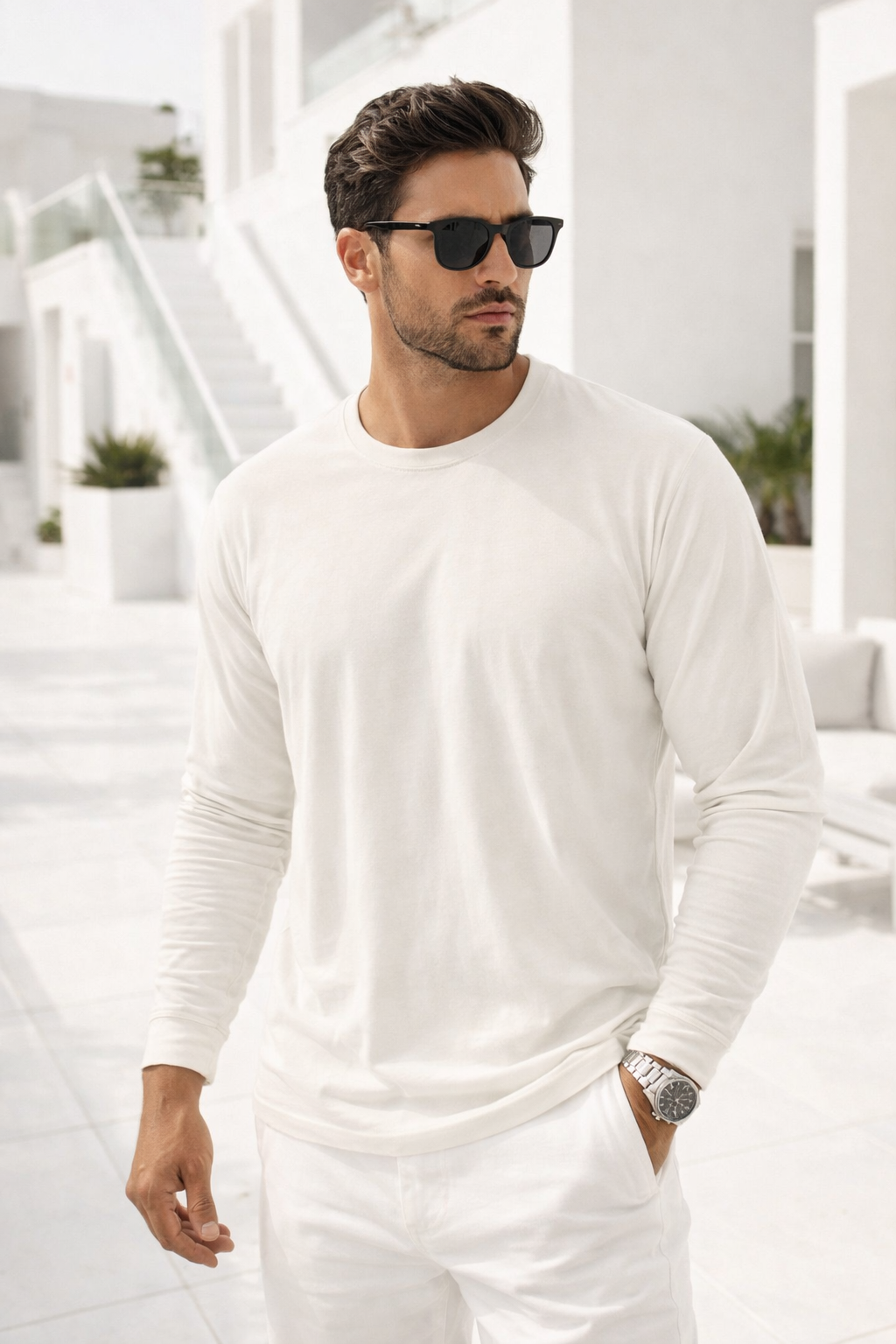 Erkek Ekru Basic Uzun Kollu Tişört Sporcu Body T-shirt
