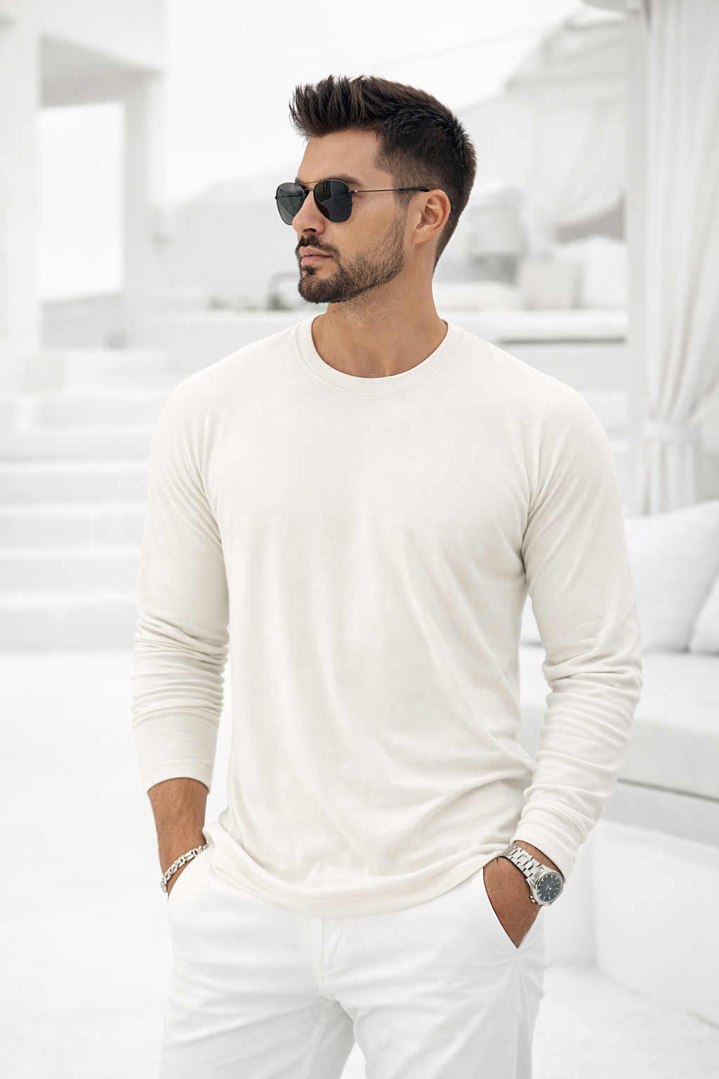 Erkek Ekru Basic Uzun Kollu Tişört Sporcu Body T-shirt