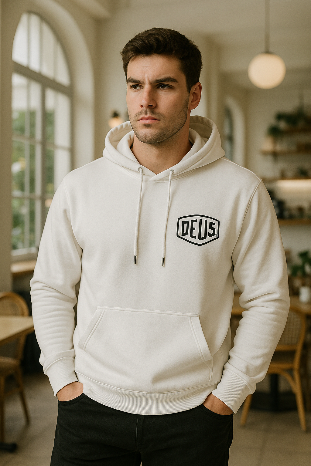 Erkek Ekru Baskılı Kapüşonlu Sweatshirt