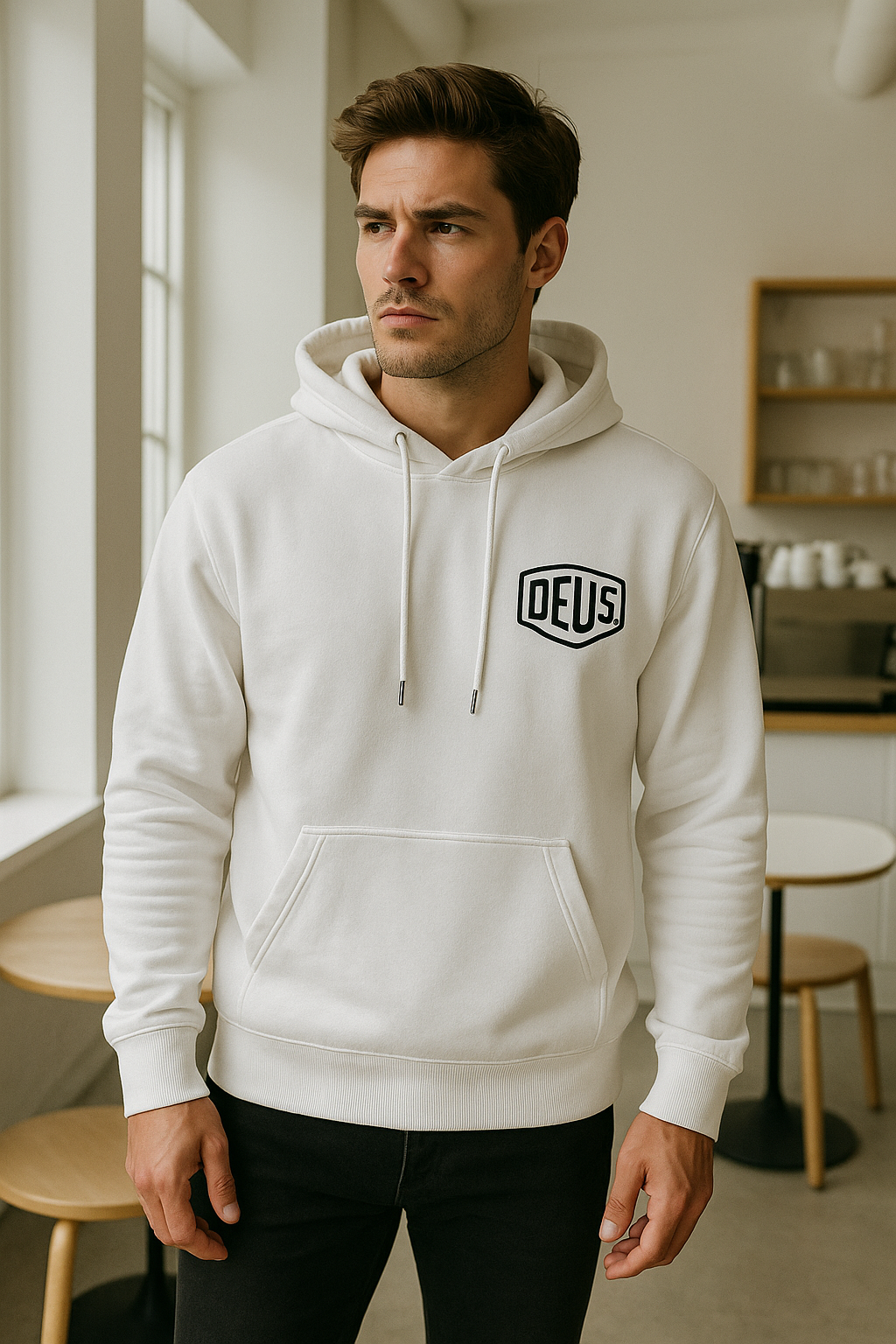Erkek Ekru Baskılı Kapüşonlu Sweatshirt