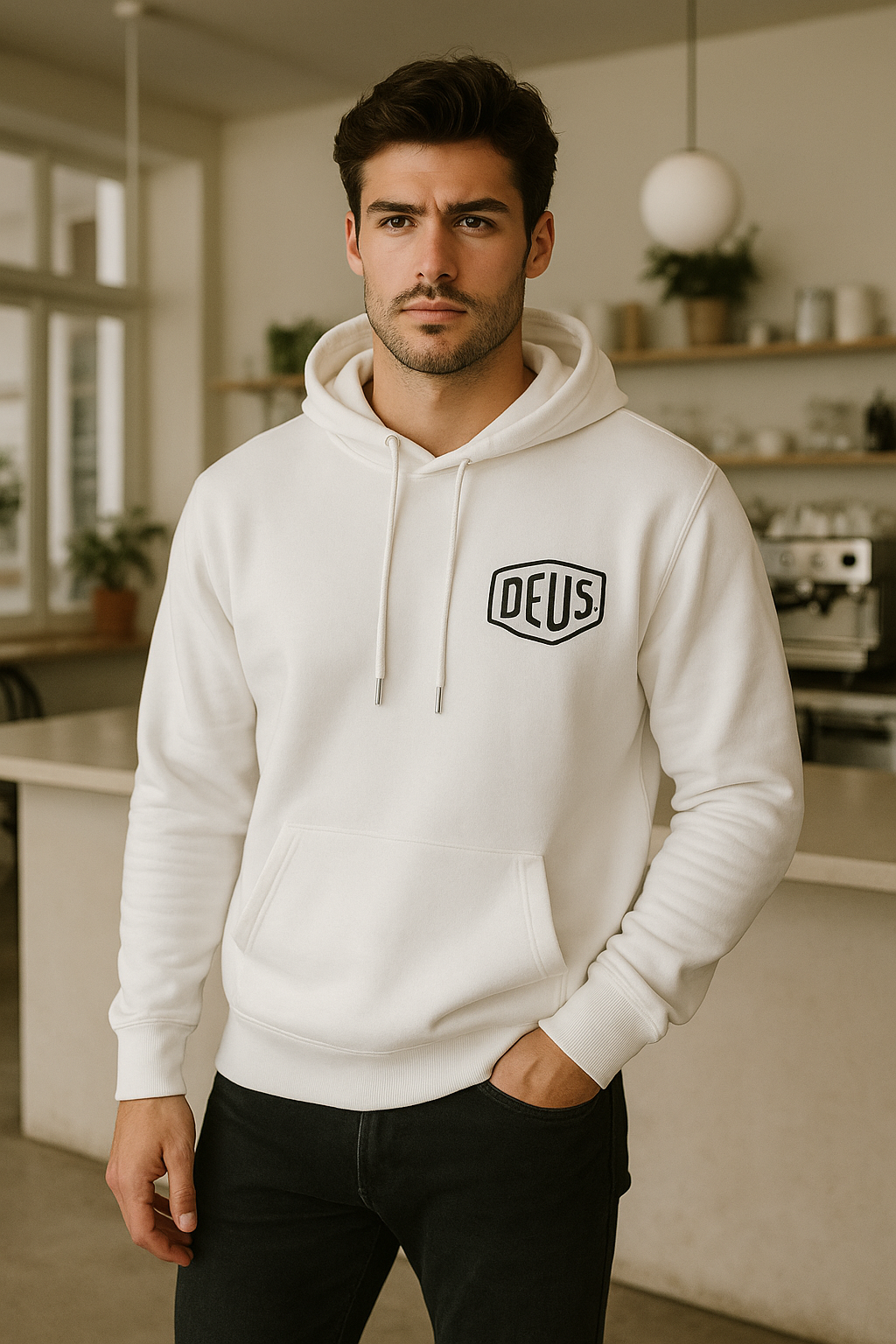 Erkek Ekru Baskılı Kapüşonlu Sweatshirt