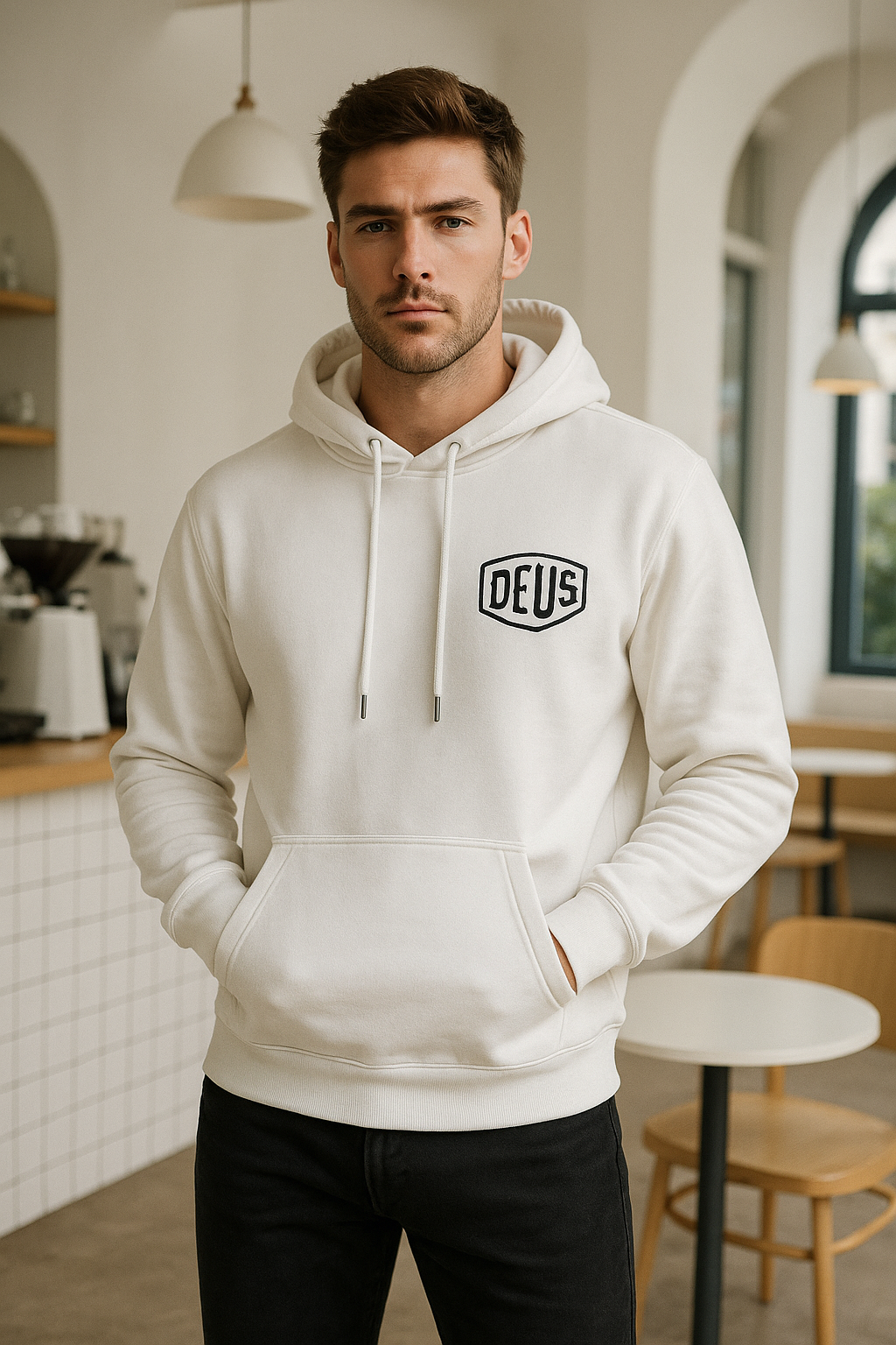 Erkek Ekru Baskılı Kapüşonlu Sweatshirt