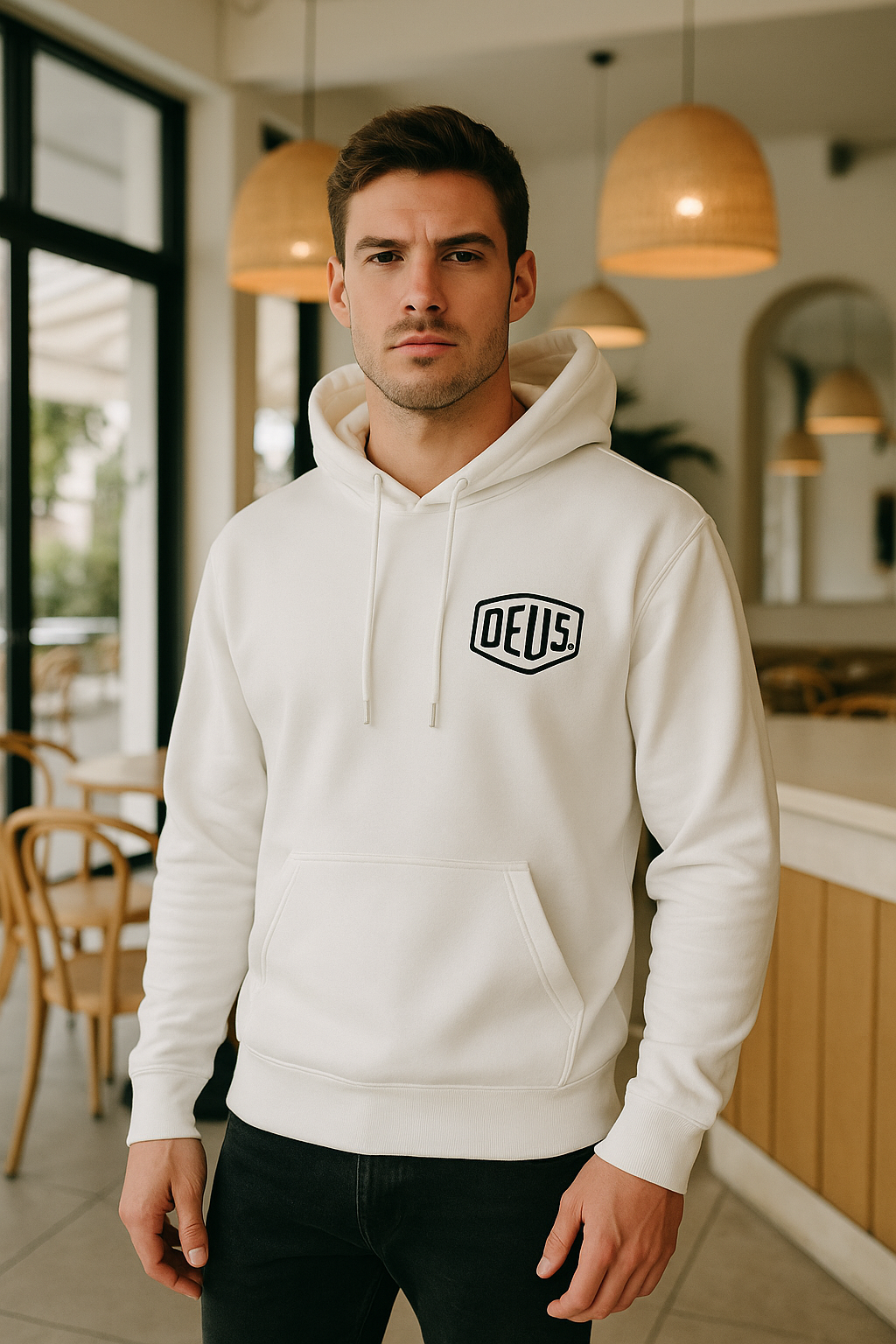 Erkek Ekru Baskılı Kapüşonlu Sweatshirt