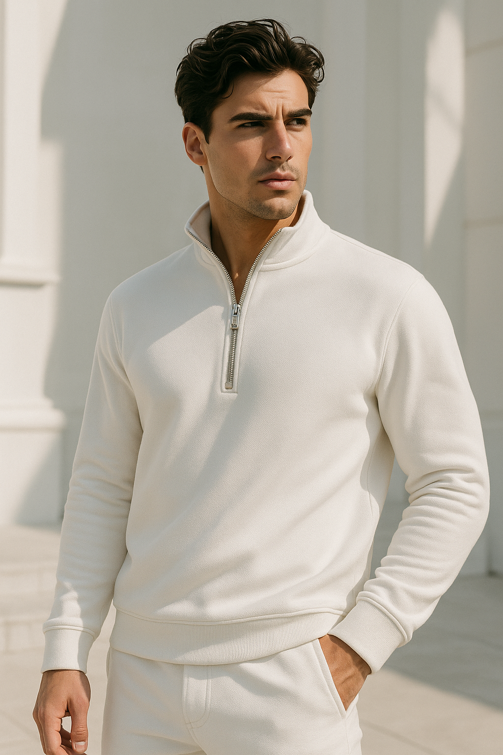 Erkek Ekru Yarım Fermuarlı Sweatshirt