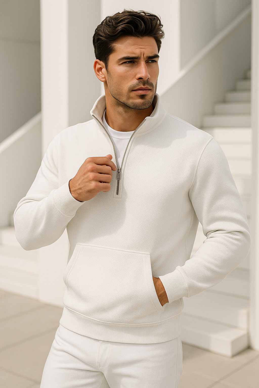 Erkek Ekru Yarım Fermuarlı Sweatshirt