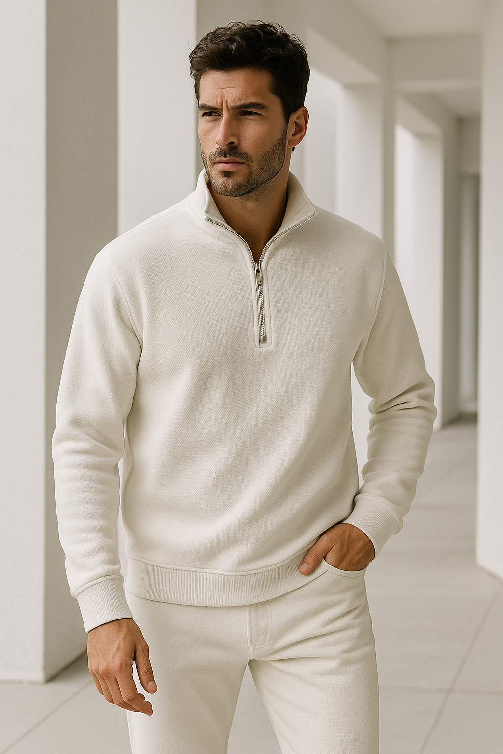 Erkek Ekru Yarım Fermuarlı Sweatshirt