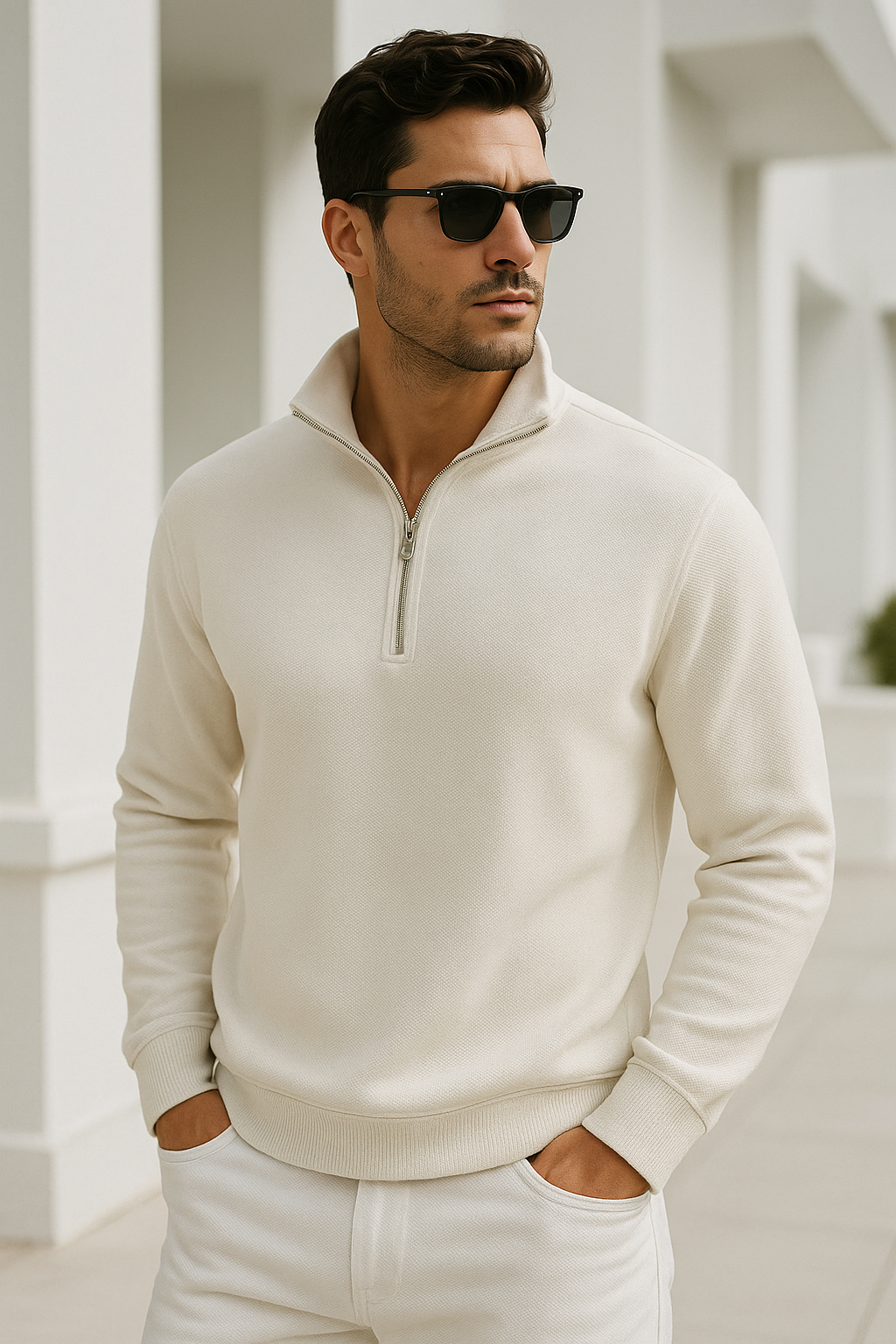Erkek Ekru Yarım Fermuarlı Sweatshirt