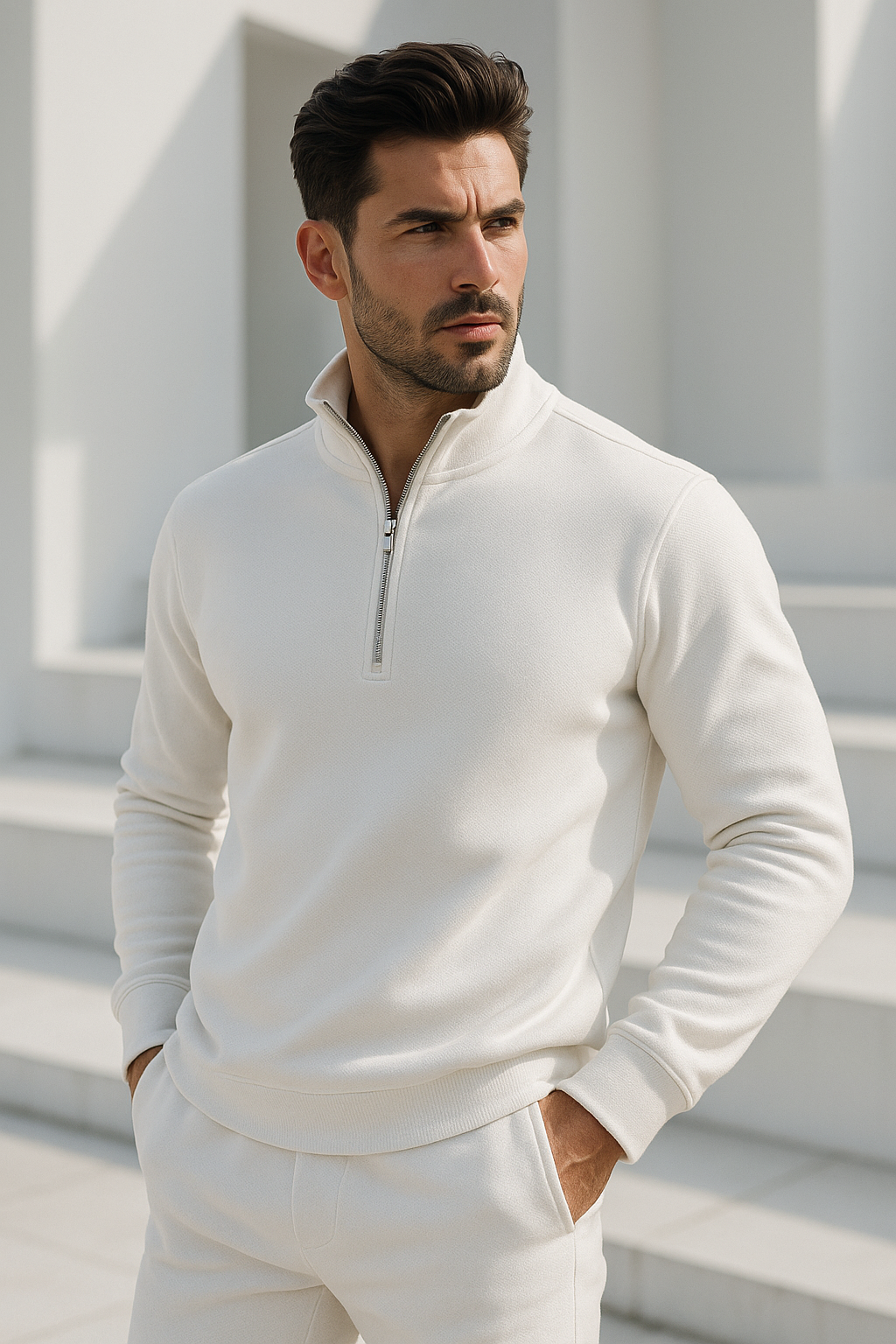 Erkek Ekru Yarım Fermuarlı Sweatshirt