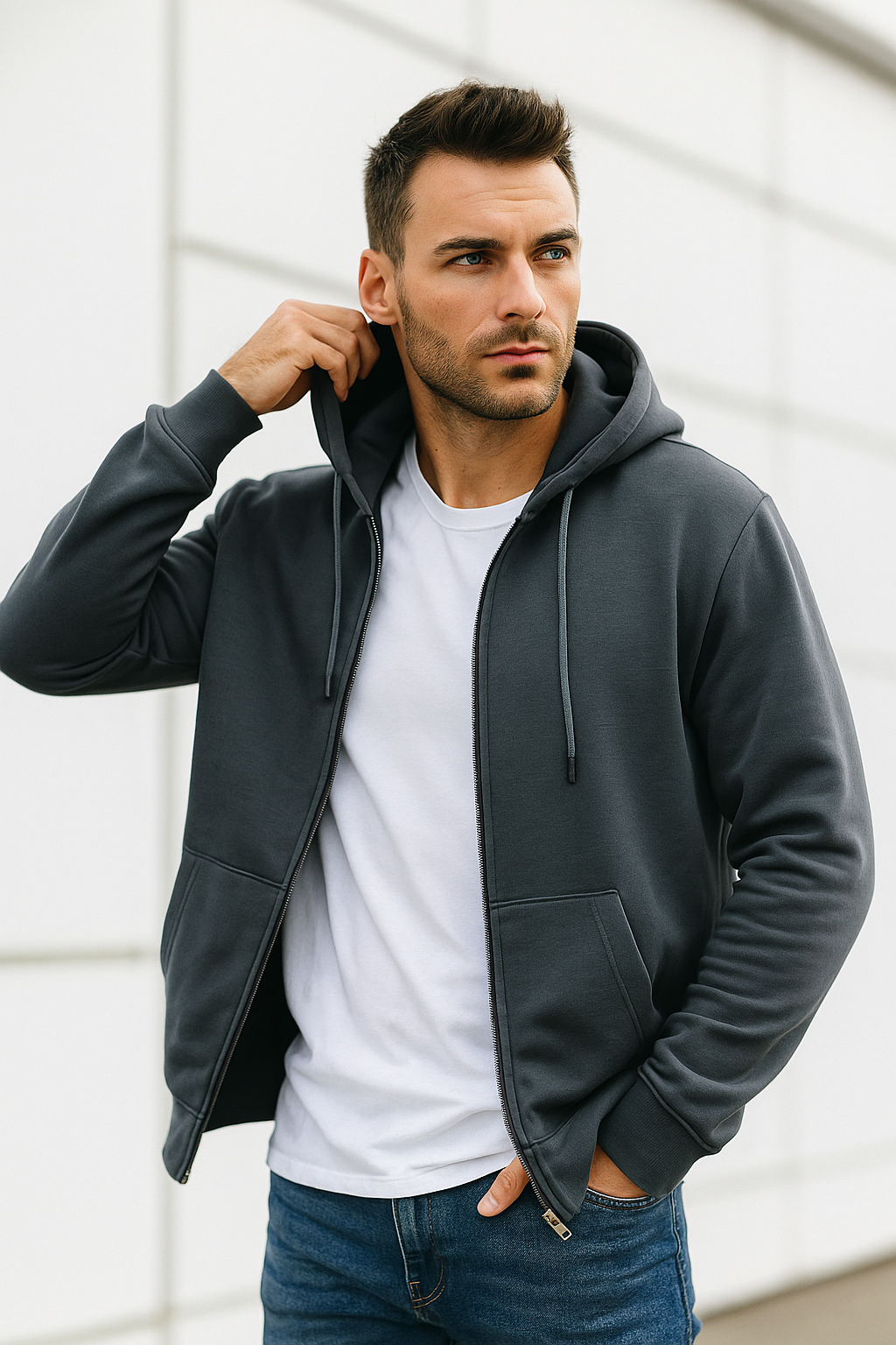 Erkek Füme Kapüşonlu Kanguru Cepli Fermuarlı Sweatshirt