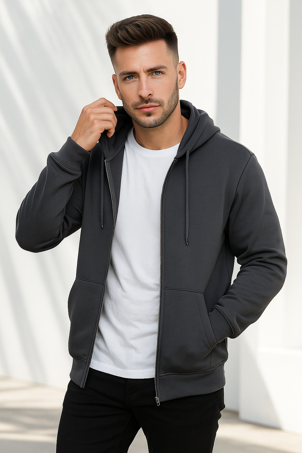 Erkek Füme Kapüşonlu Kanguru Cepli Fermuarlı Sweatshirt