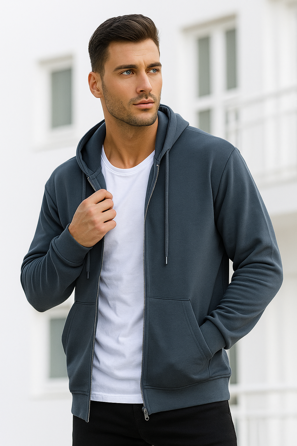 Erkek Füme Kapüşonlu Kanguru Cepli Fermuarlı Sweatshirt