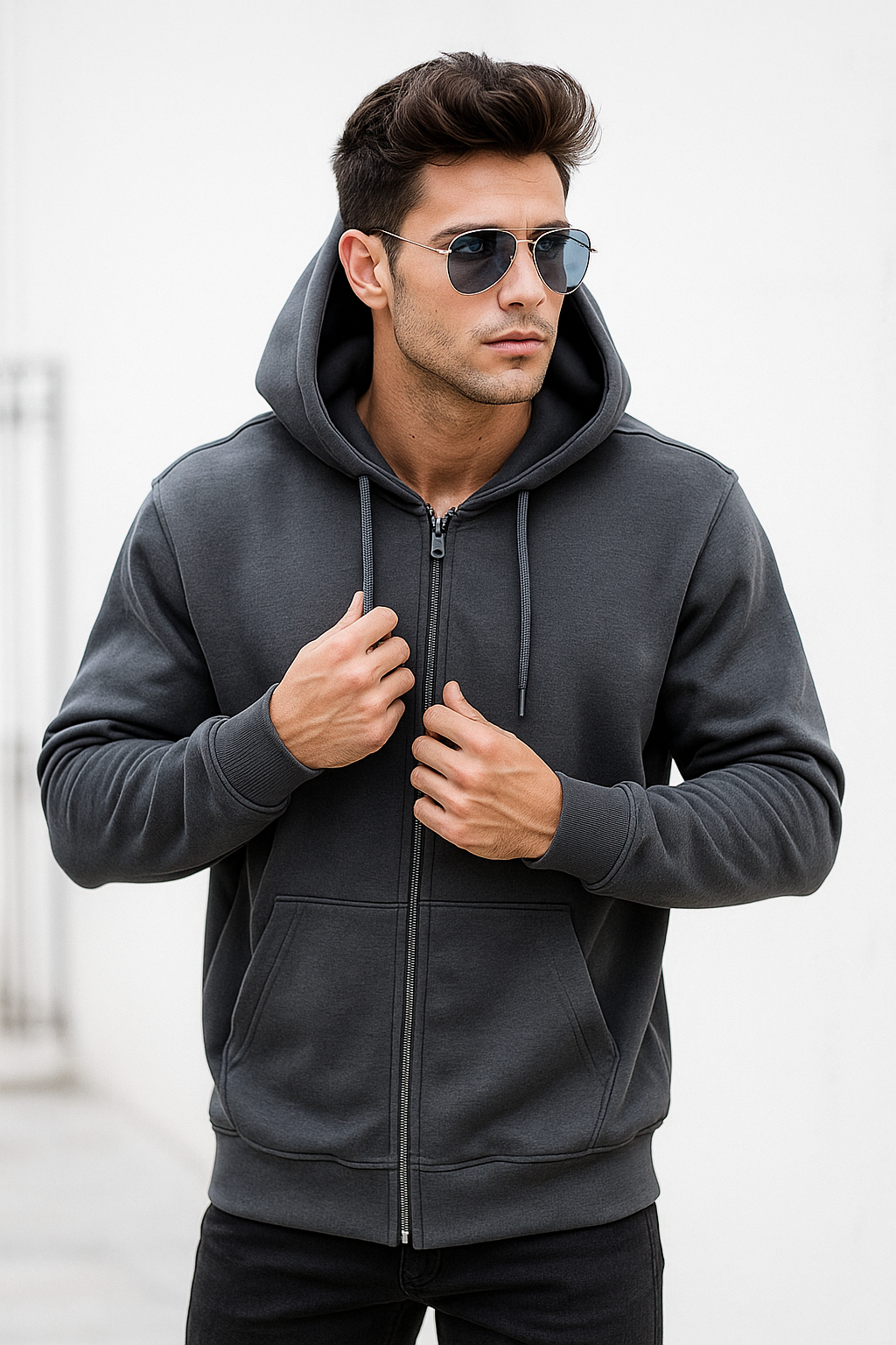 Erkek Füme Kapüşonlu Kanguru Cepli Fermuarlı Sweatshirt