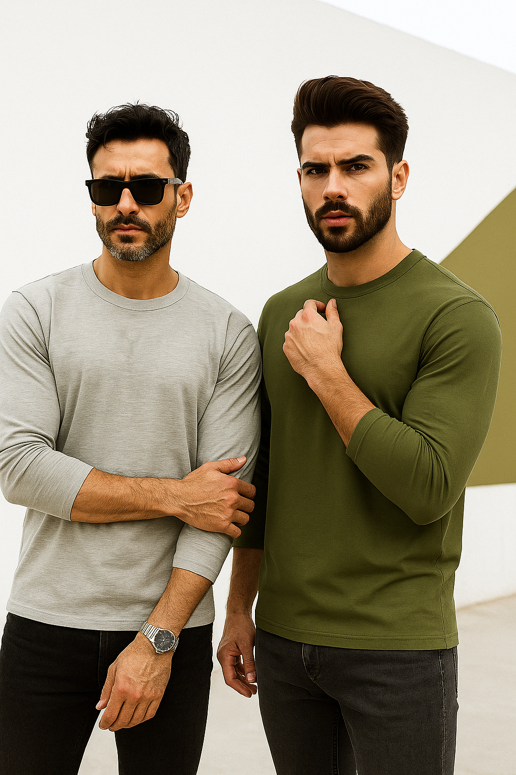 Erkek Haki-Grimelanj 2'li Paket Basic Uzun Kollu Sporcu Body