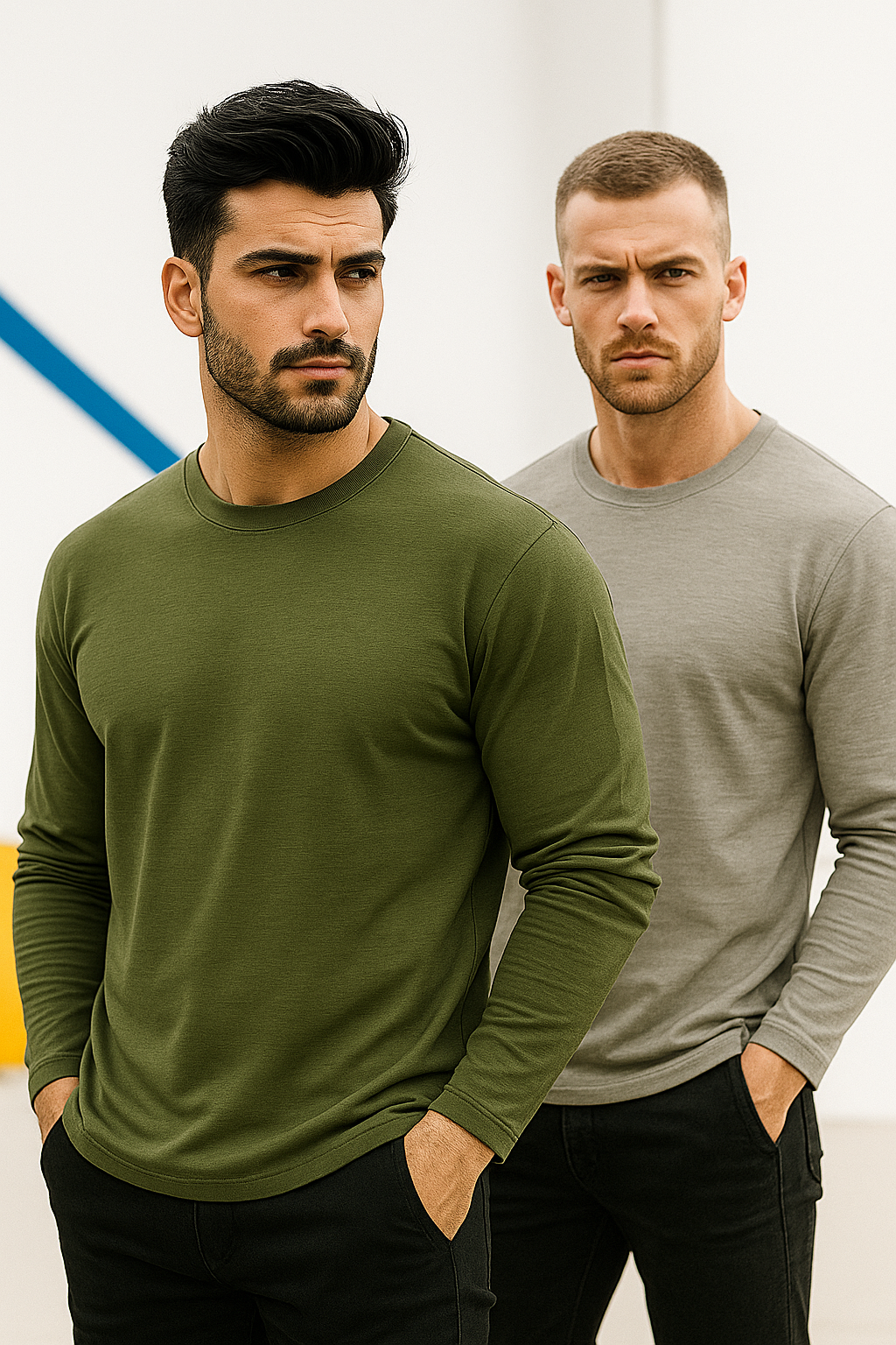 Erkek Haki-Grimelanj 2'li Paket Basic Uzun Kollu Sporcu Body