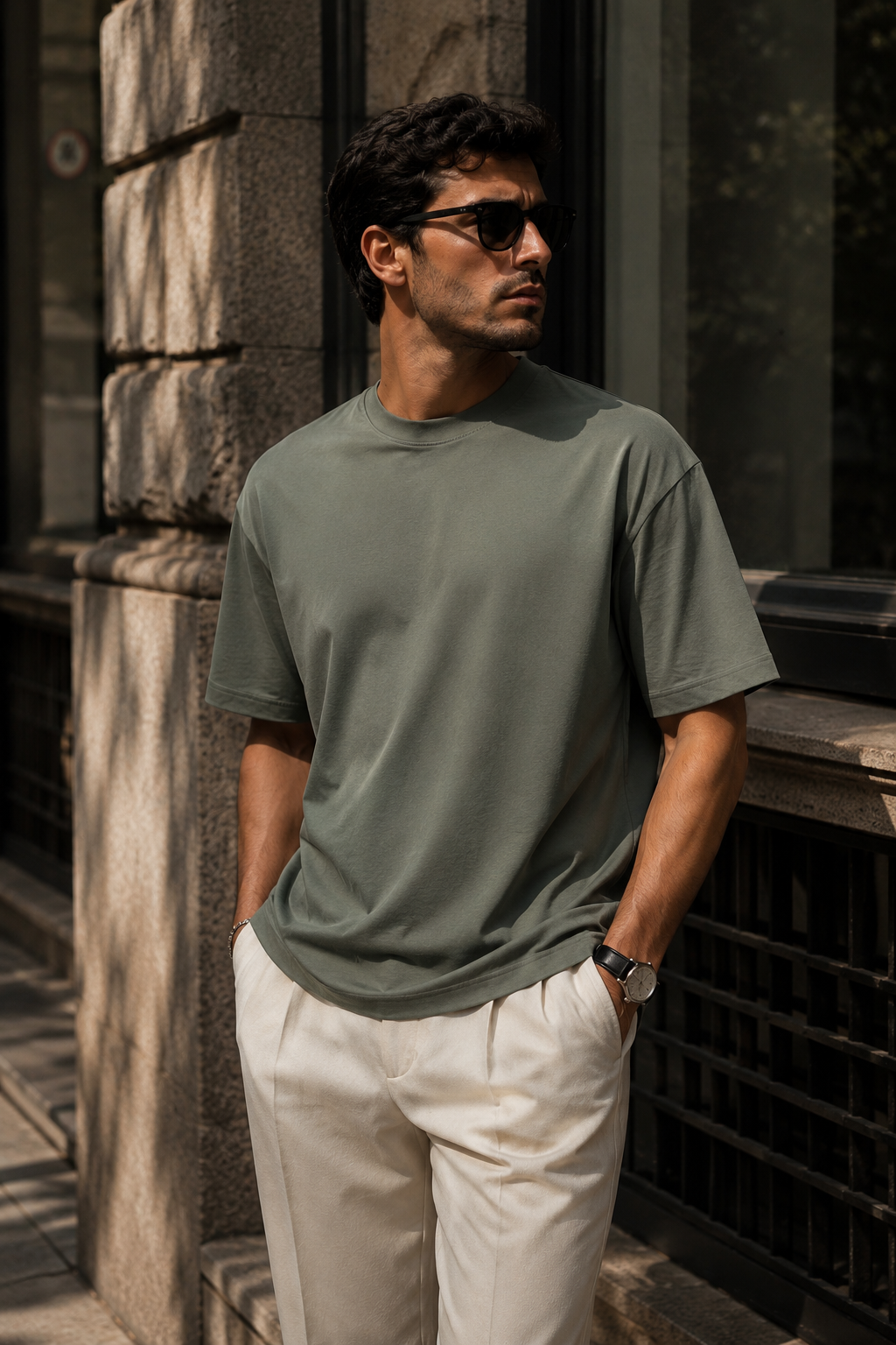Erkek Haki Merserize İnterlok Kumaş Oversize T-Shirt
