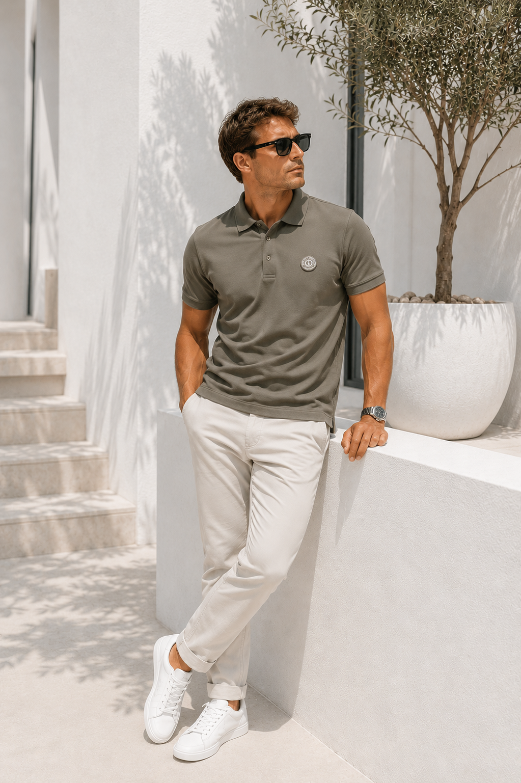 Erkek Haki Pamuklu Kısa Kollu Polo Yaka T-shirt