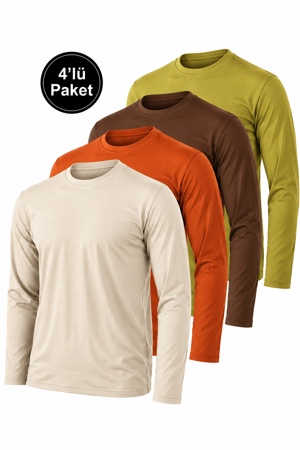Erkek Kahverengi-Ekru-Hardal-Kiremit 4'lü Paket Basic Uzun Kollu Tişört Sporcu Body T-shirt