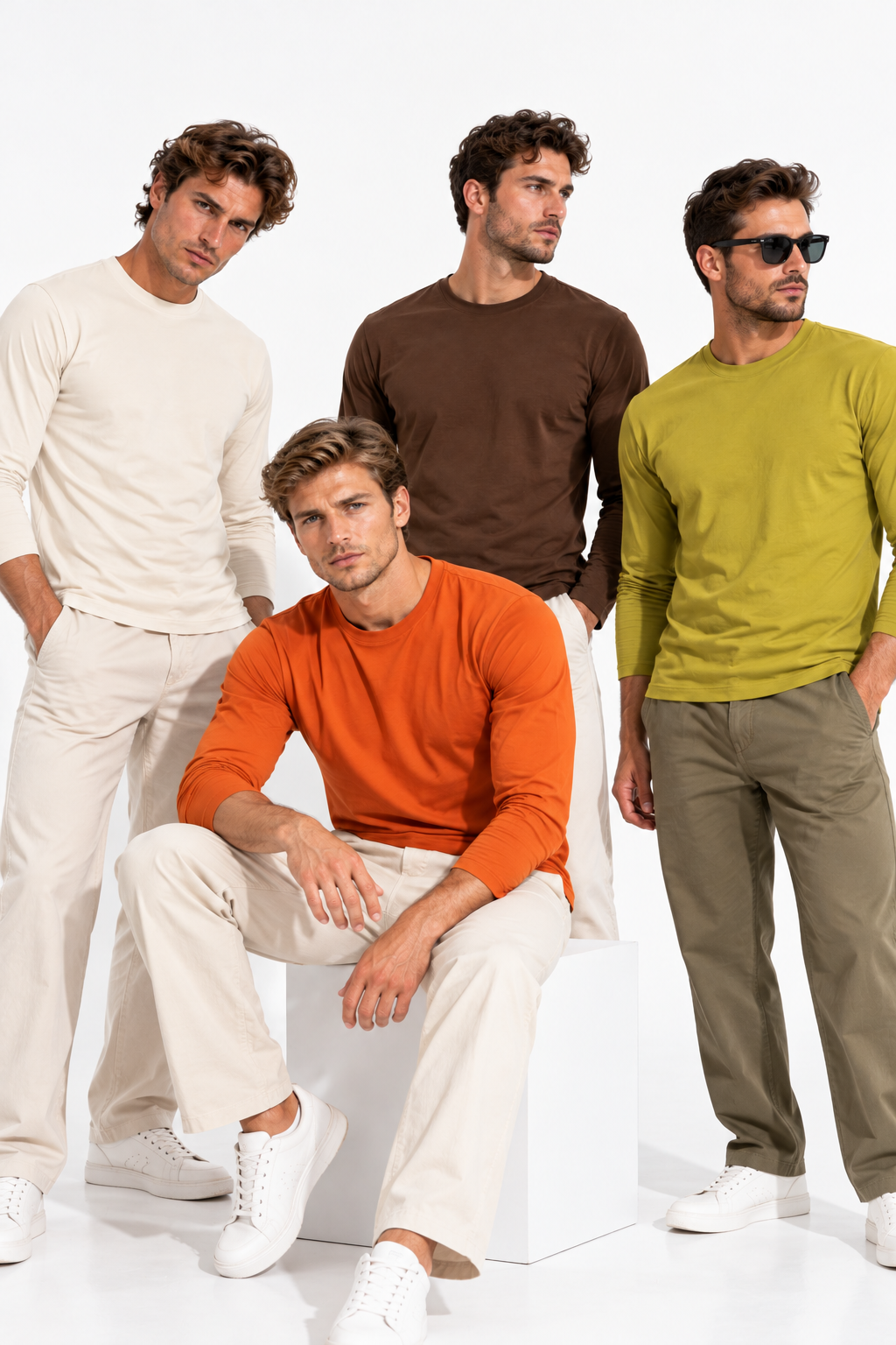 Erkek Kahverengi-Ekru-Hardal-Kiremit 4'lü Paket Basic Uzun Kollu Tişört Sporcu Body T-shirt