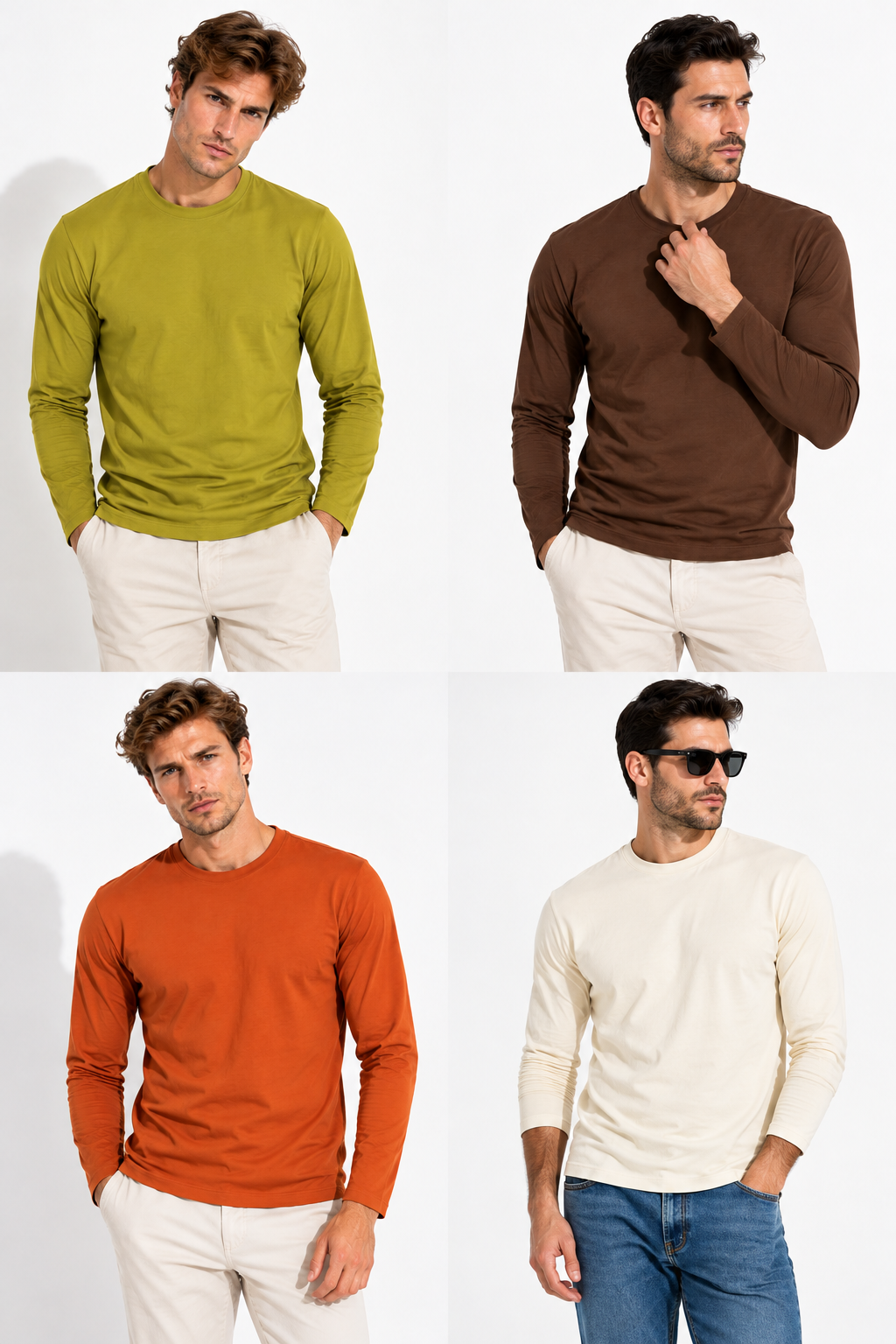 Erkek Kahverengi-Ekru-Hardal-Kiremit 4'lü Paket Basic Uzun Kollu Tişört Sporcu Body T-shirt