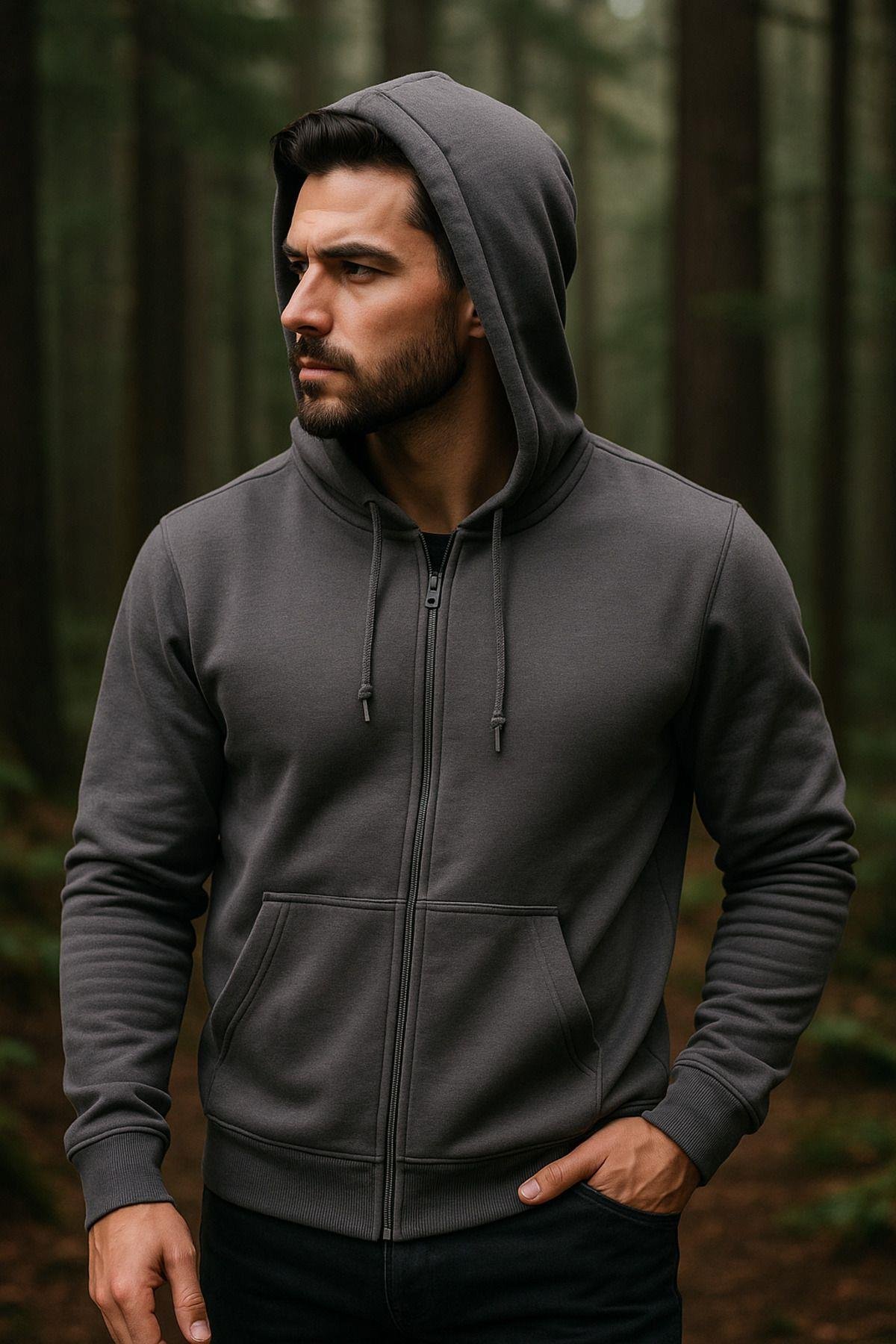 Erkek Kapüşonlu Pamuklu Sweatshirt Hırka Fermuarlı Rahat Kalıp Basic Hırka