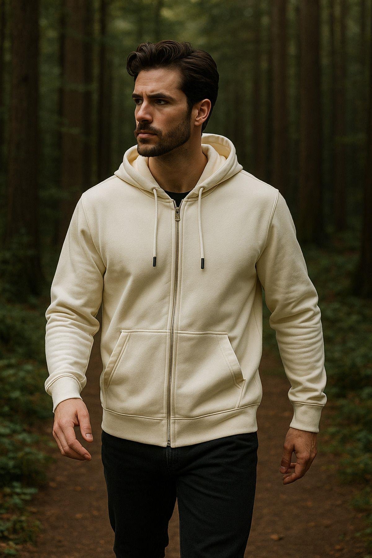 Erkek Kapüşonlu Pamuklu Sweatshirt Hırka Fermuarlı Rahat Kalıp Basic Hırka