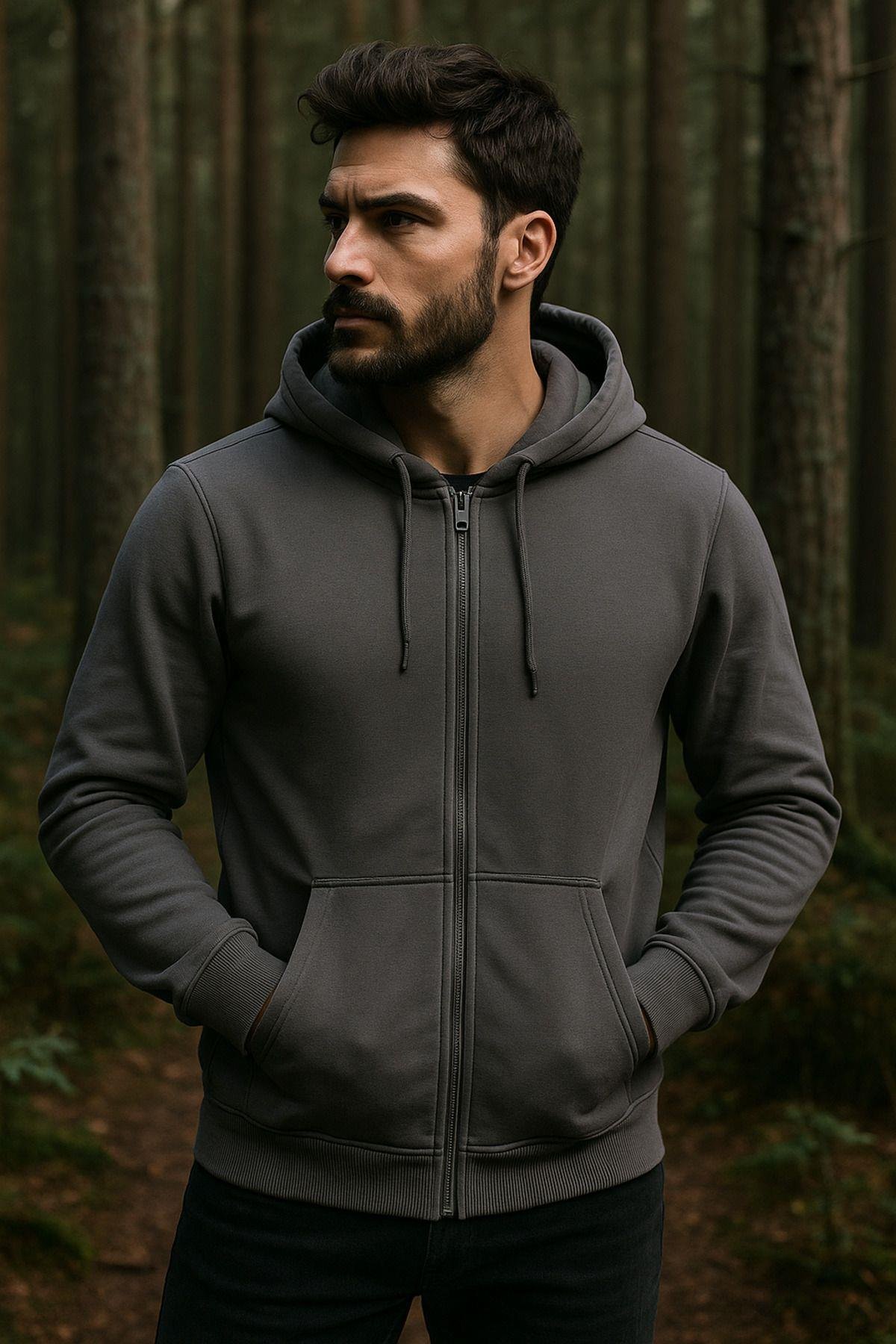 Erkek Kapüşonlu Pamuklu Sweatshirt Hırka Fermuarlı Rahat Kalıp Basic Hırka