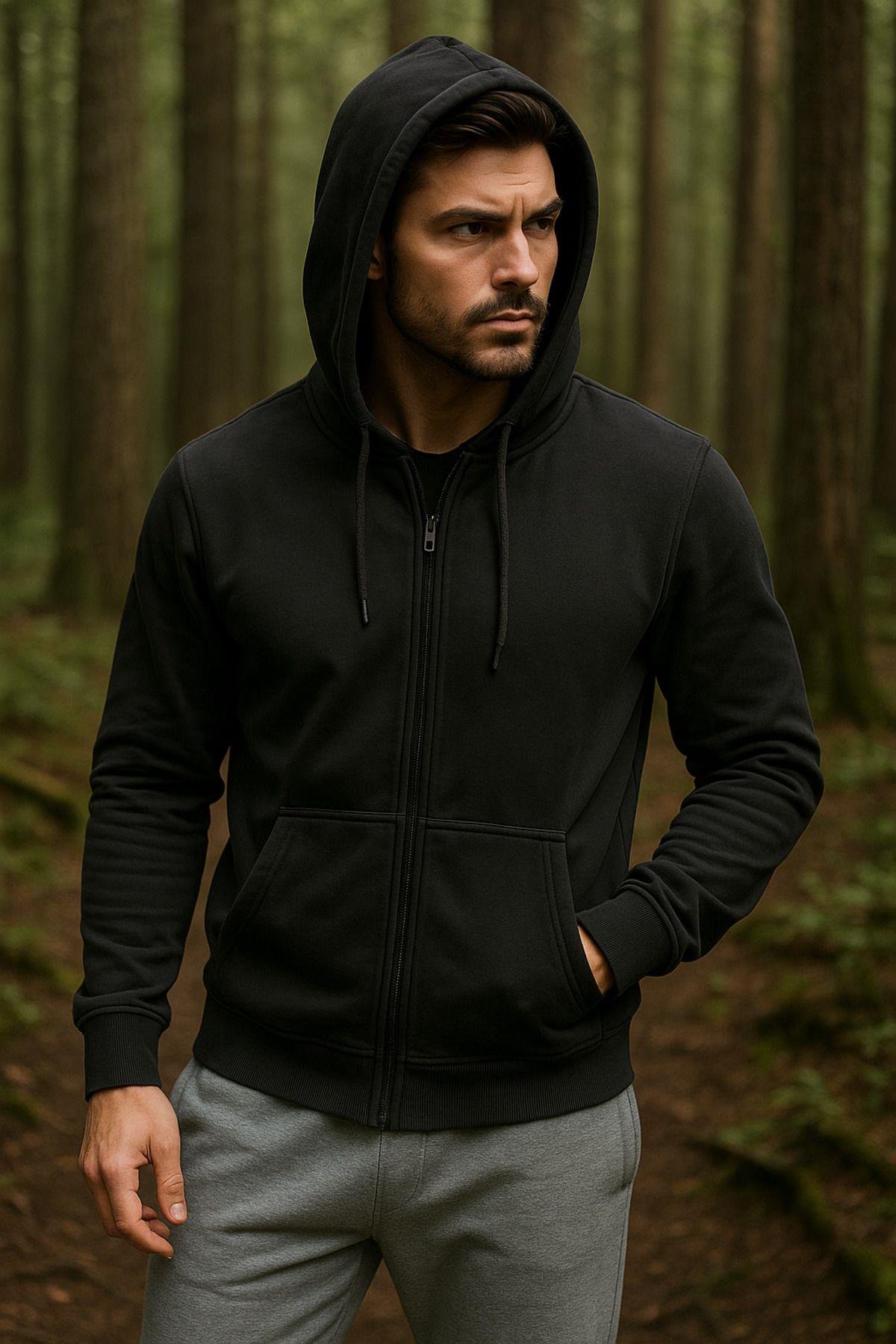 Erkek Kapüşonlu Pamuklu Sweatshirt Hırka Fermuarlı Rahat Kalıp Basic Hırka