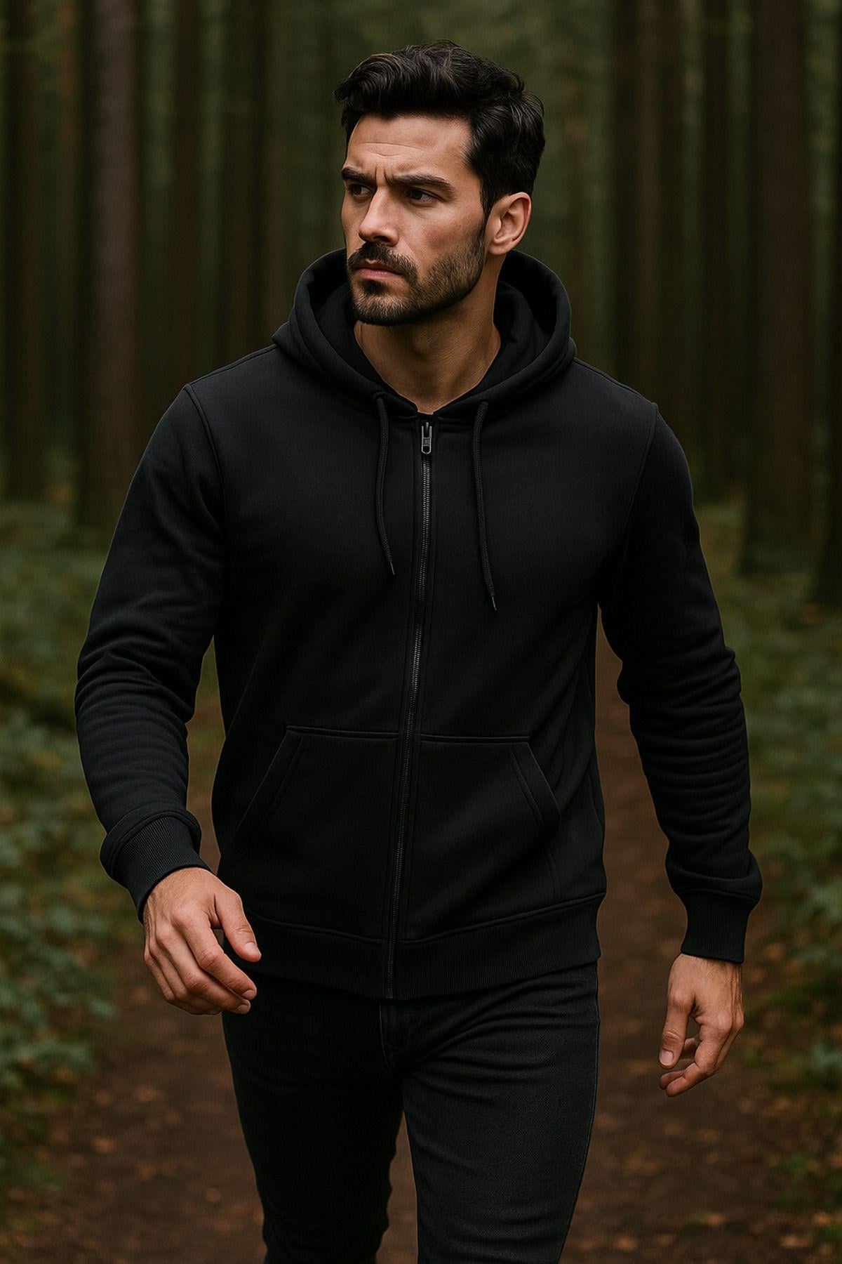 Erkek Kapüşonlu Pamuklu Sweatshirt Hırka Fermuarlı Rahat Kalıp Basic Hırka