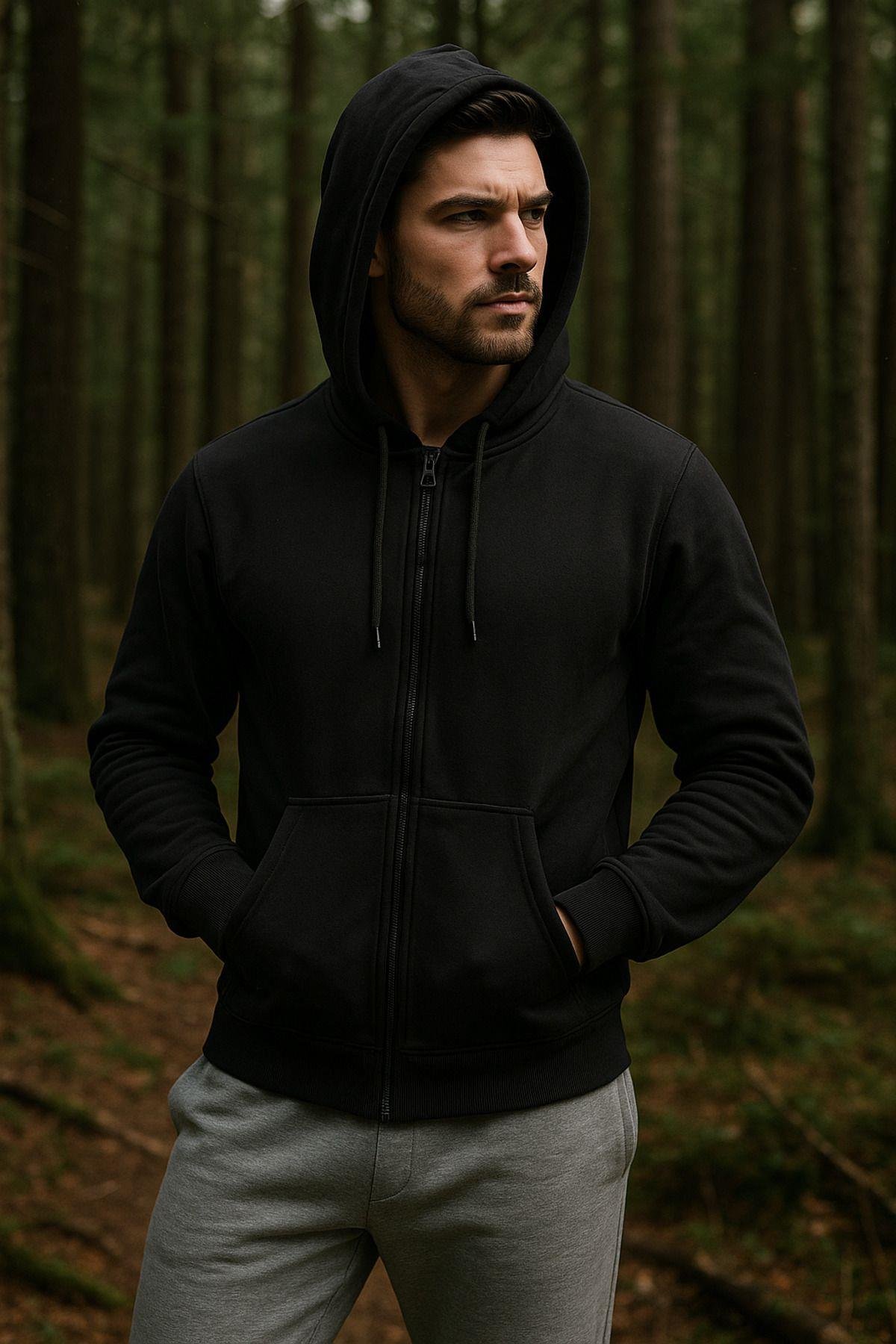 Erkek Kapüşonlu Pamuklu Sweatshirt Hırka Fermuarlı Rahat Kalıp Basic Hırka