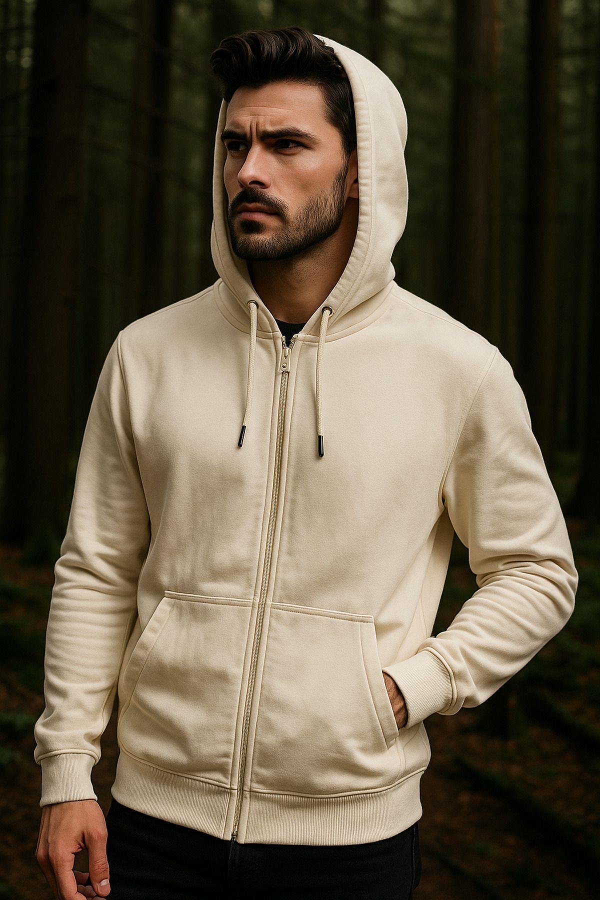 Erkek Kapüşonlu Pamuklu Sweatshirt Hırka Fermuarlı Rahat Kalıp Basic Hırka