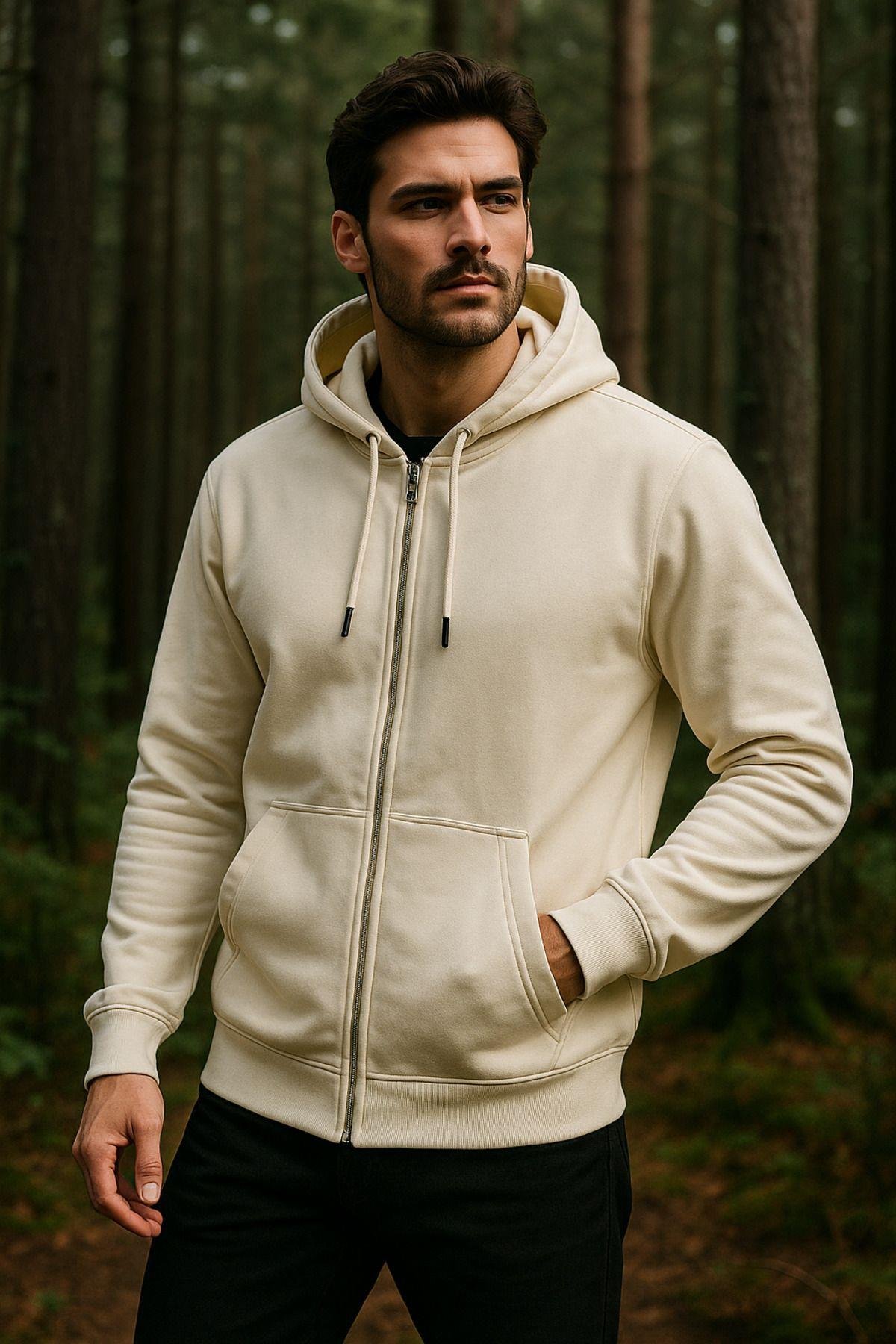 Erkek Kapüşonlu Pamuklu Sweatshirt Hırka Fermuarlı Rahat Kalıp Basic Hırka