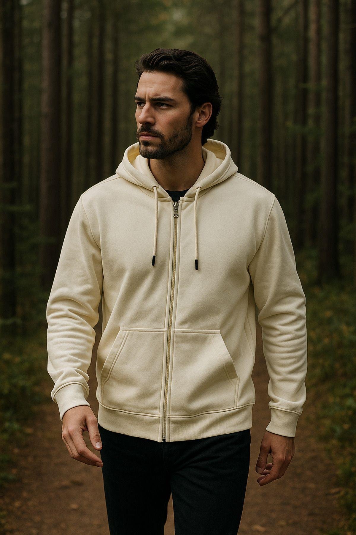Erkek Kapüşonlu Pamuklu Sweatshirt Hırka Fermuarlı Rahat Kalıp Basic Hırka